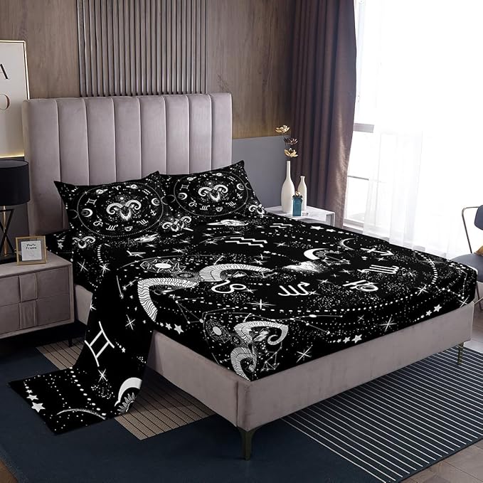 Erosebridal Aries Zodiac Bed Sheets King Size, Sun and Moon Sheet Set for Kids Girls Teens Adult Bedroom, Constellation Galaxy Sheets Starry Sky Universe Flat Sheet, Black White
