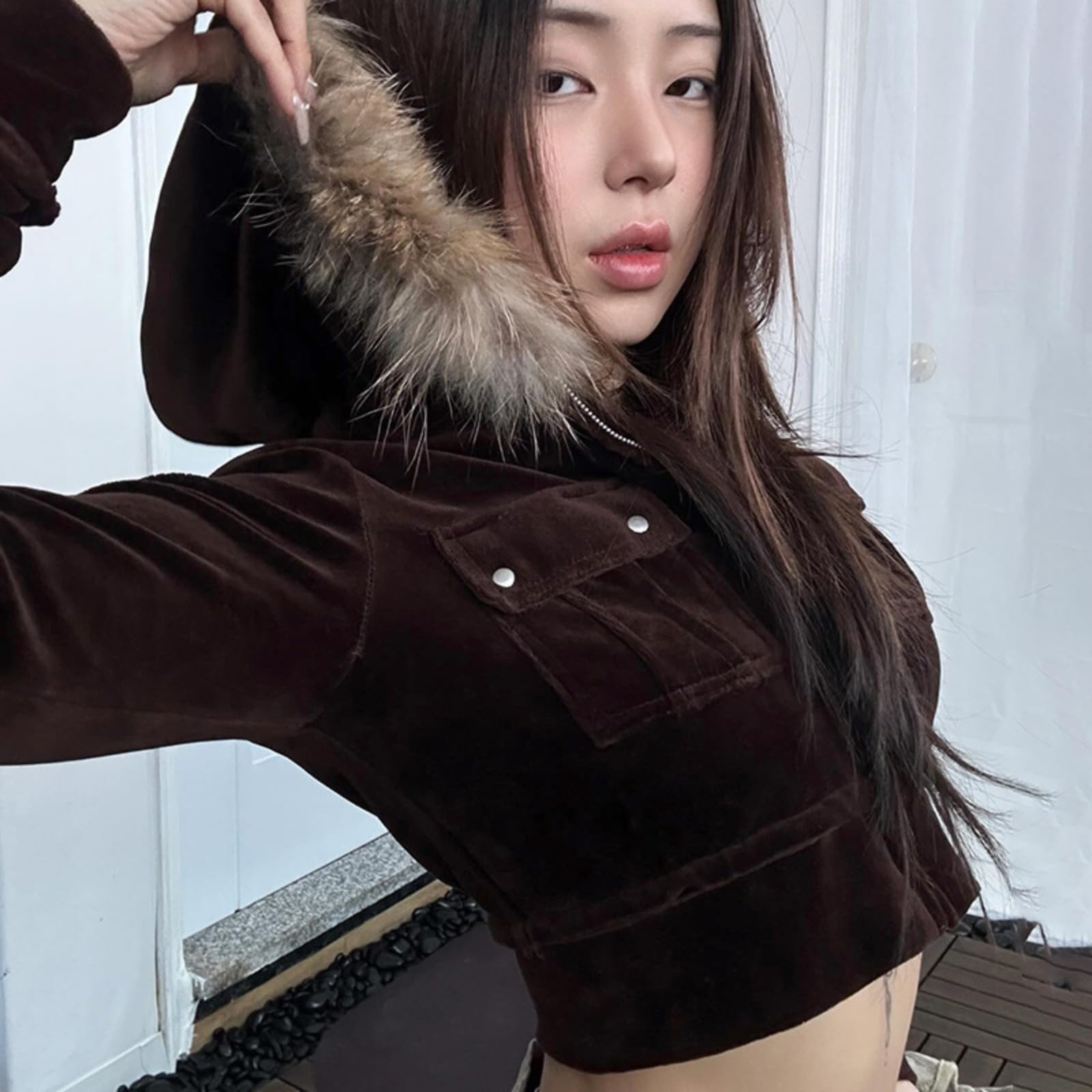 Y2k Kapuzenpullover mit Reißverschluss, Pelz, Kapuzenjacke, Grafik-Hoodie, Grunge 2000er Jahre Kleidung für Damen, bauchfrei, Wintermäntel, Streetwear