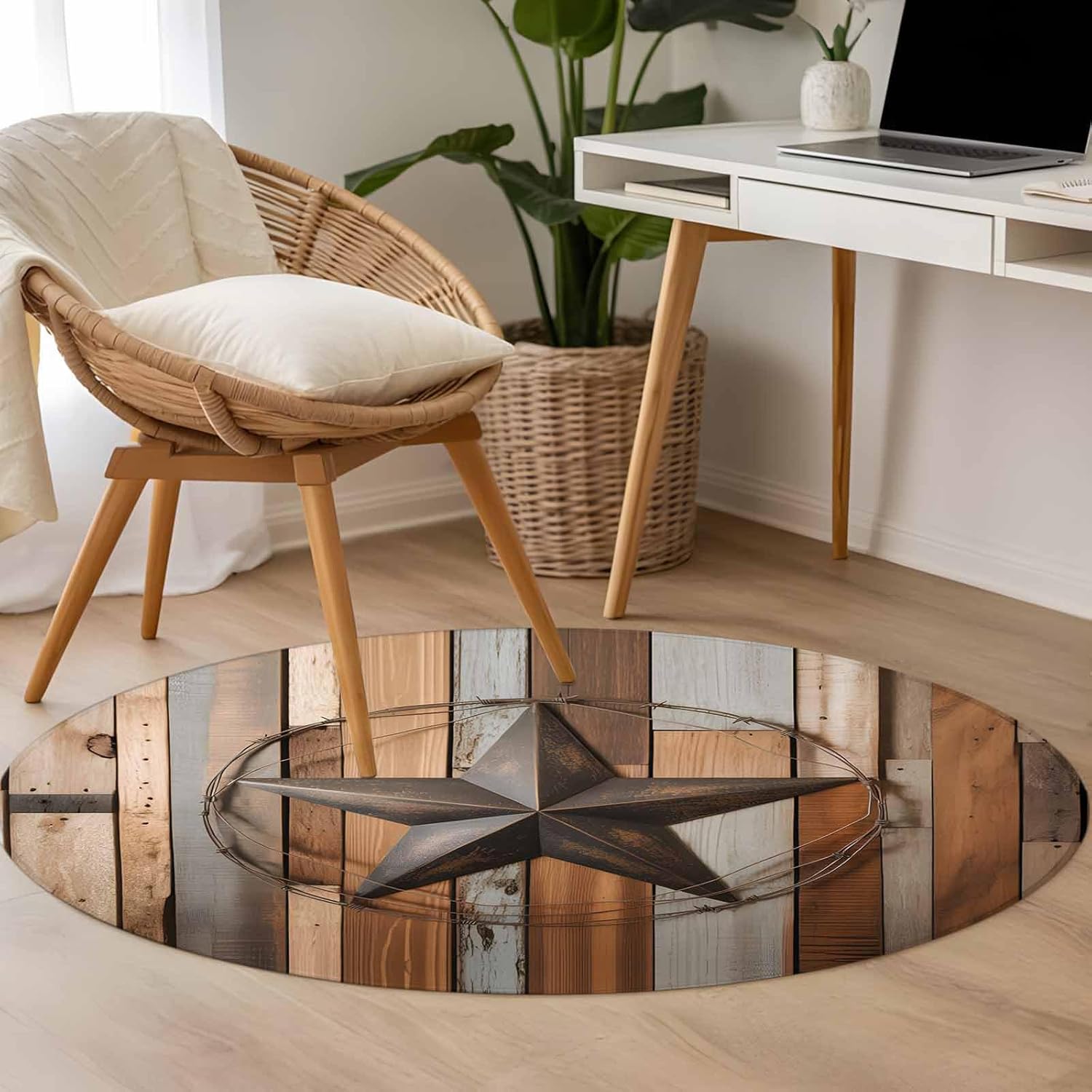 Country Star Brown Round Rug 3ft Washable Circle Entryway Rugs Non Slip Western Texas Vintage Farmhouse Wooden Area Rug Indoor Floor Carpet for Bedroom Kitchen Living Room Home Office Dining Room