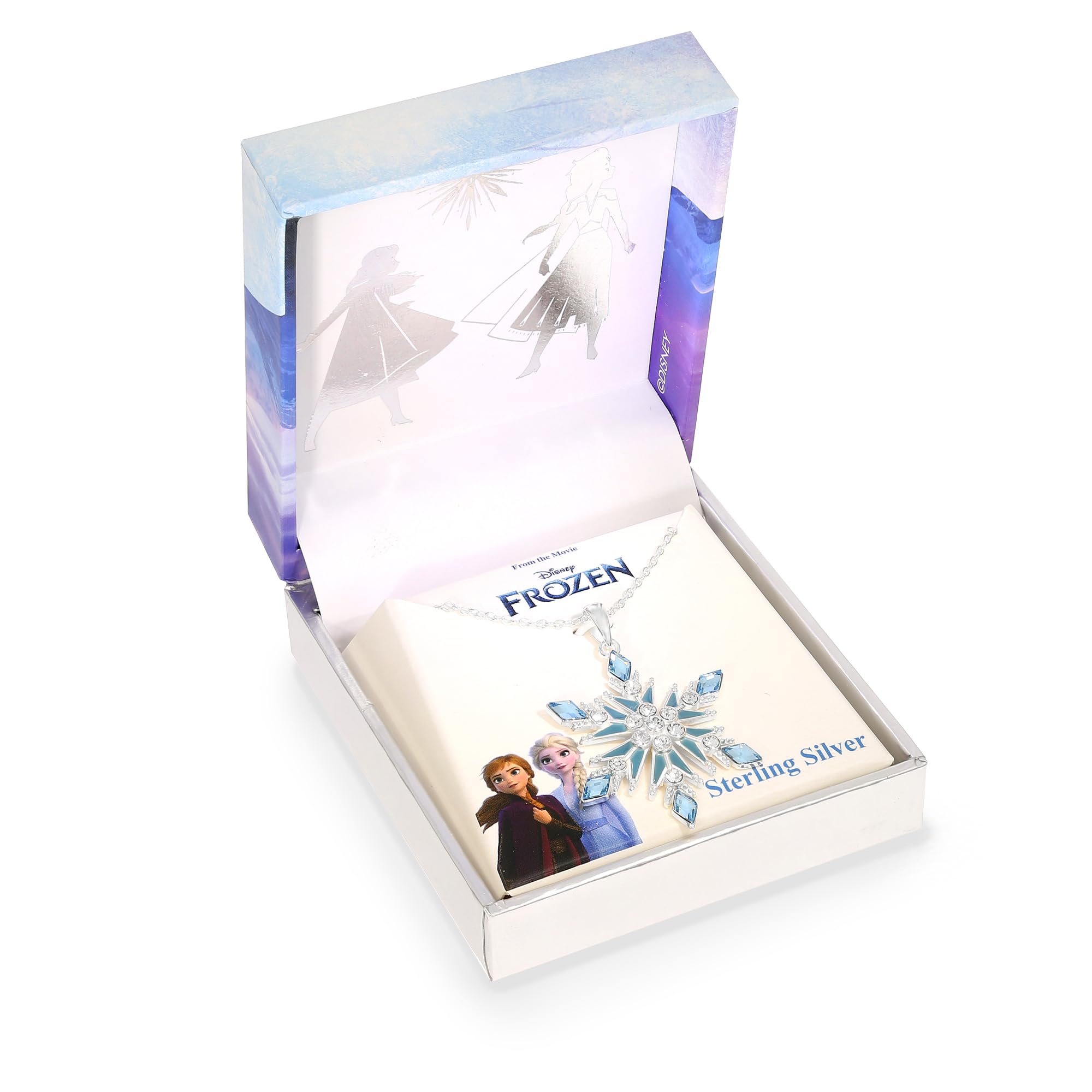 Disney Die Eiskönigin Elsa Schneeflocke Halskette aus 925er Sterlingsilber mit blauen Zirkonia und Emaille, Länge 40cm +3 cm, Verstellbar, Fertig zum Verschenken, Offizieller Disney Schmuck