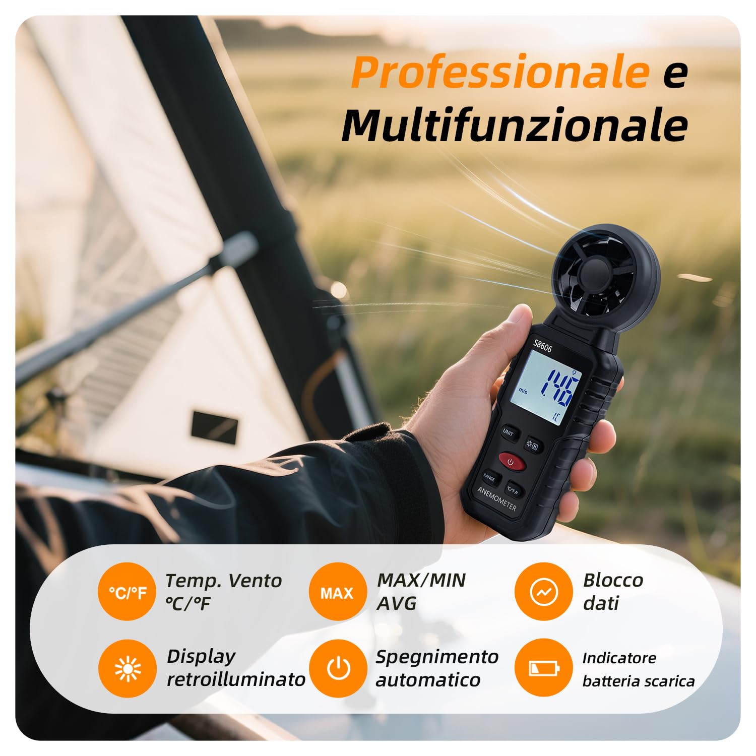 Anemometro Portatile 3 in 1 Misuratore di Velocità del Vento per Esterni Nela Surf Volo