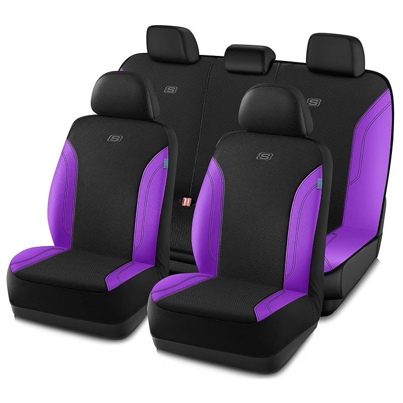 Capa para Banco Automotivo Skechers em Couro e Tecido Oxford, Dianteira, Compatível com Airbag, Preto/Roxo, Kit com 5 Peças