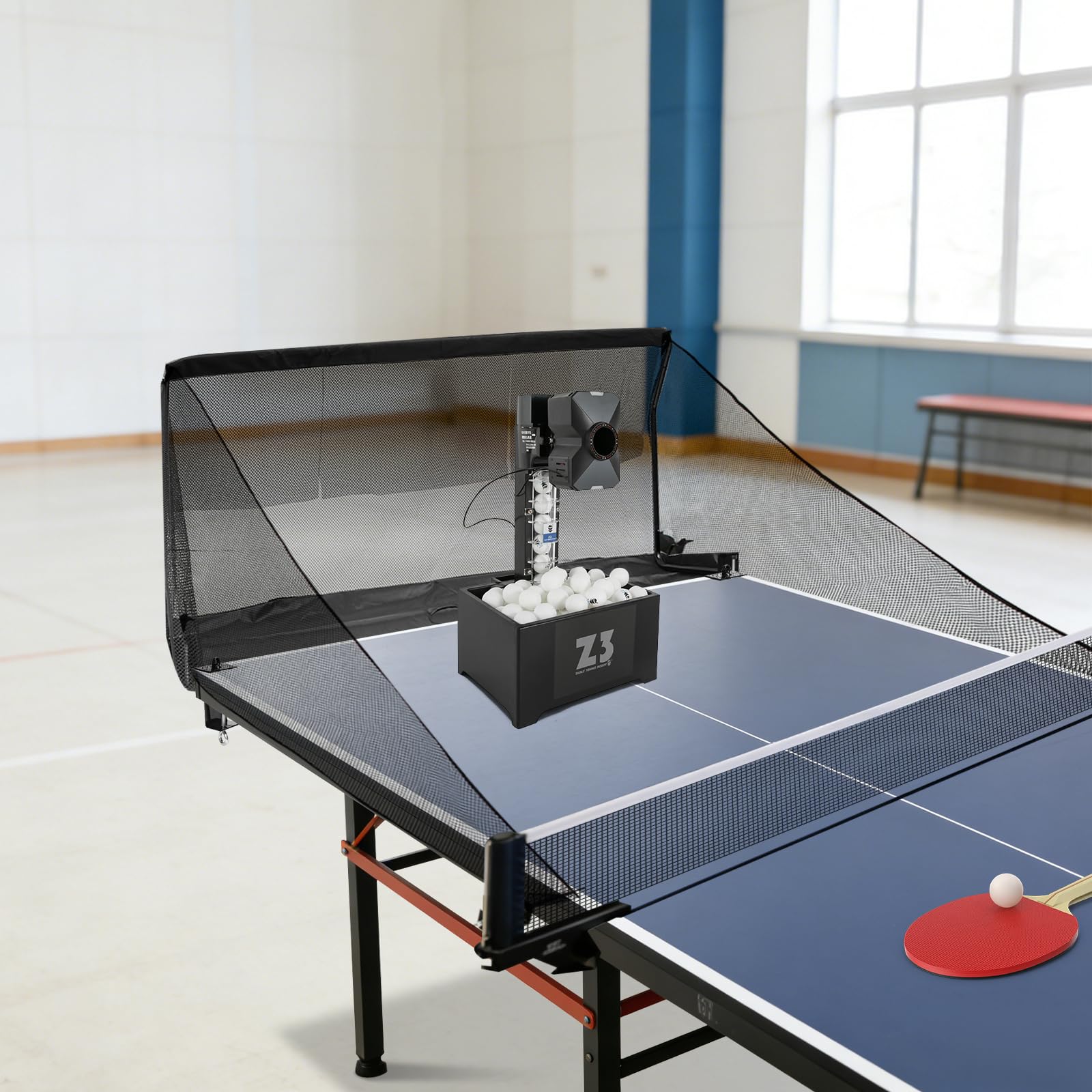 Tischtennis Ballmaschine, Automatischer Ping Pong Roboter mit Auffangnetz, 100 Bälle Kapazität, 10 Programmierbare Serviermodi, 35-90 Bälle pro Minute, für Heimtraining und Trainingsübungen
