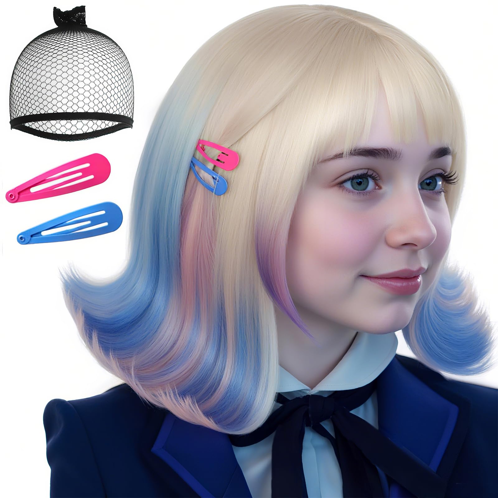 ANOGOL Hair Cap+ (2 Clips) Blonde Bob Wig with Purple Pink Blue Ombre Womens Anime Cosplay Wigs Short Blond Pink Blue Gradient Wigs Short Blonde Wavy