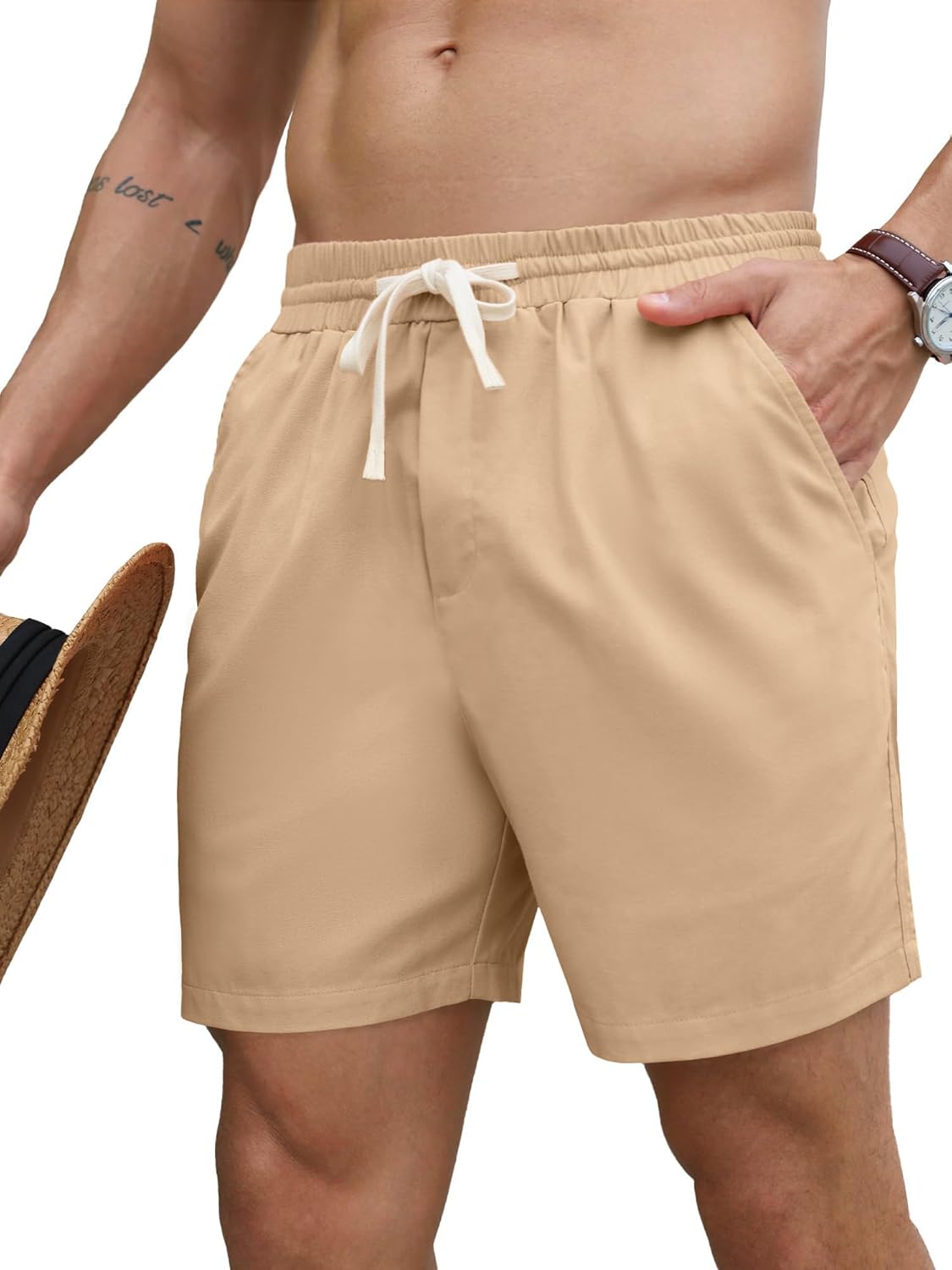PLEPAN Mens 5 Inch Linen Shorts - Casual Elastic Waist Drawstring Summer Beach Shorts with Pocket