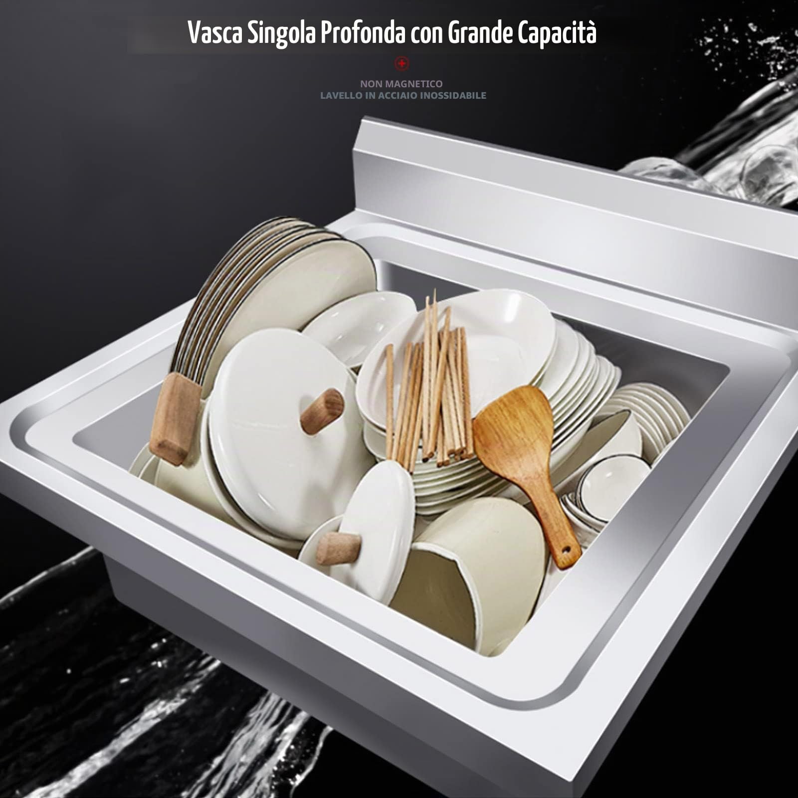 Lavello in Acciaio Inox Autoportante 1 Vasca, Lavandino Commerciale con Rubinetto Lavello da Cucina Professionale per Cucina, Ristorante, Bar, Caffè, Garage, Interno e Esterno,50×50×80 cm