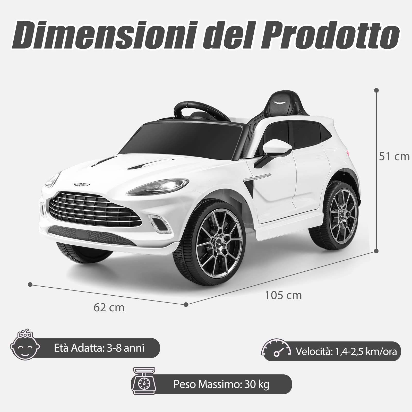 COSTWAY Aston Martin DBX Auto Elettrica per Bambini, 12 V Macchina Elettrica con Telecomando e Luci LED, Partenza Lenta Clacson, Regalo per Bambini 3-8 Anni (Bianco)
