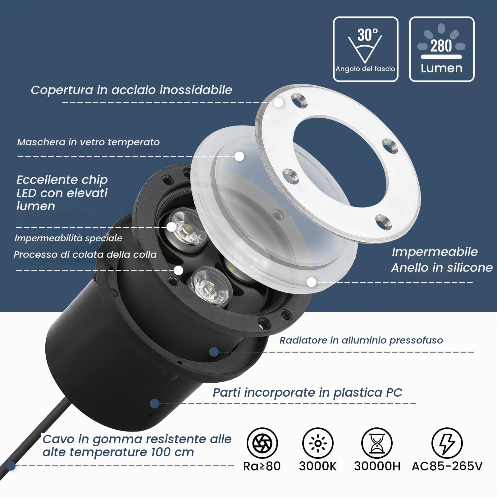 Faretti a LEDda incasso a terra, 3 W, 230 V CA, classe IP65, 270 lumen, per esterni, luce bianca calda, 4 pezzi