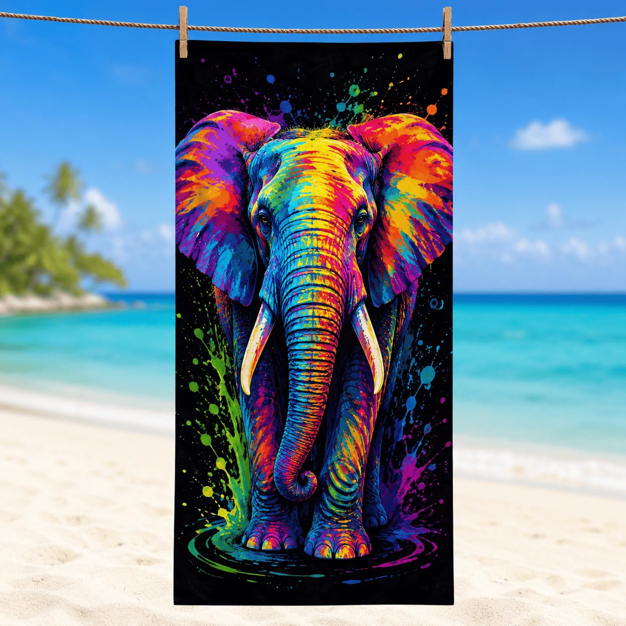 Telo Mare Microfibra Elefante Colorato Asciugatura Rapida | Asciugamano da Spiaggia Elefante Astratto, 145x200 cm, Assorbente, Accessori Mare, per Palestra Viaggio