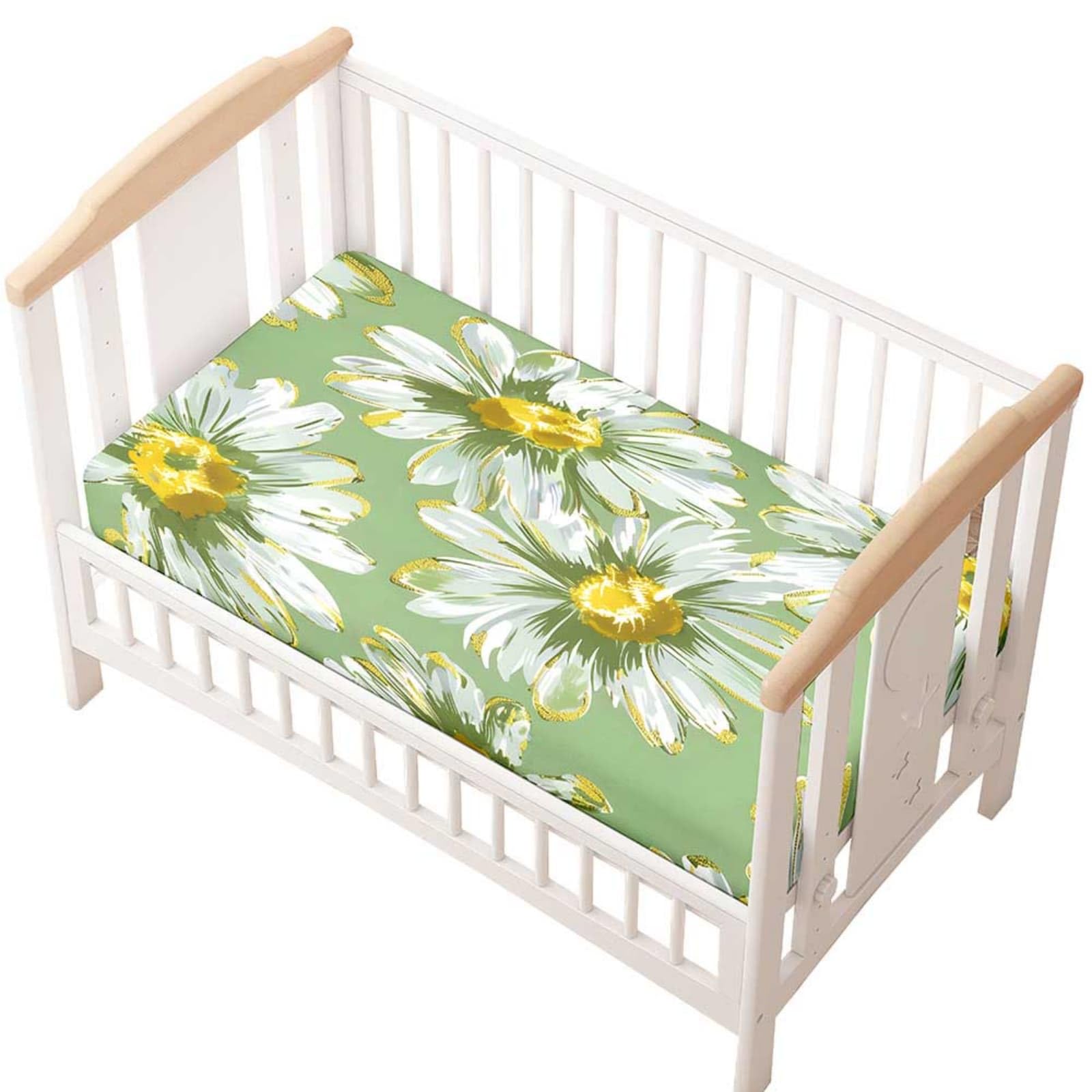 Odot Cot Bed Fitted Sheet, Moses Basket Fitted Sheet 3D Daisy Pattern Soft Microfibre Crib Bedsheets Bassinet Bedsheet Mattress Protector for Kids Boy Girl (Green,80x40cm)