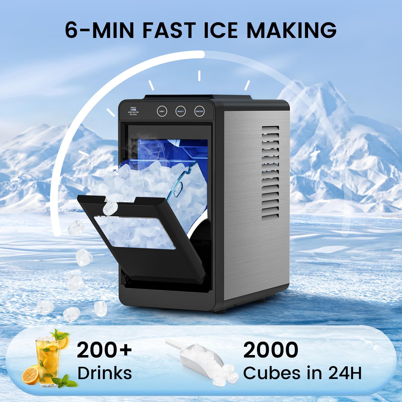 COWSAR Ice Maker Countertop, Portable Ice Machine with Basket and Scoop, 8 Cubes in 6 Mins, 26 lbs/24H, Auto-Cleaning Commercial Ice Maker for Kitchen, RV, Camping, Black - 5