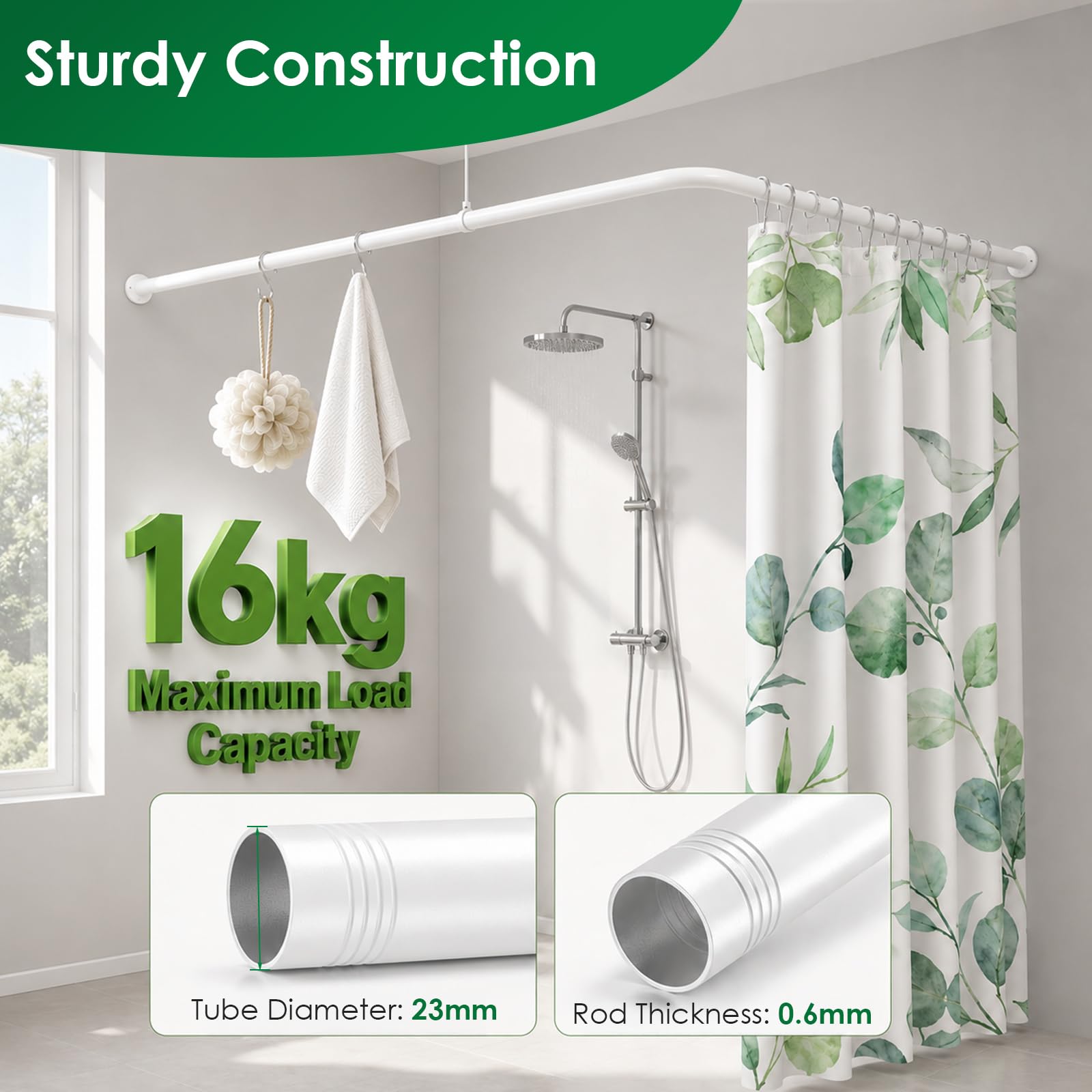 Drążek do zasłony prysznicowej w kształcie litery U, 2 w 1, regulowany drążek prysznicowy do wanny, 60-135 cm, strona U 77-197 cm, podstawa z boku L 60-174 cm, ze stali nierdzewnej, stabilny do 16 kg