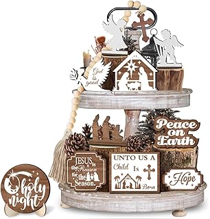 Easter Tiered Tray Decor,14pcs Easter Table Decorations,He is Risen Jesus Wood Sign Farmhouse Rustic Religious Tiered Tray Ornament for Easter Home Kitchen Table and Easter Party Decor
