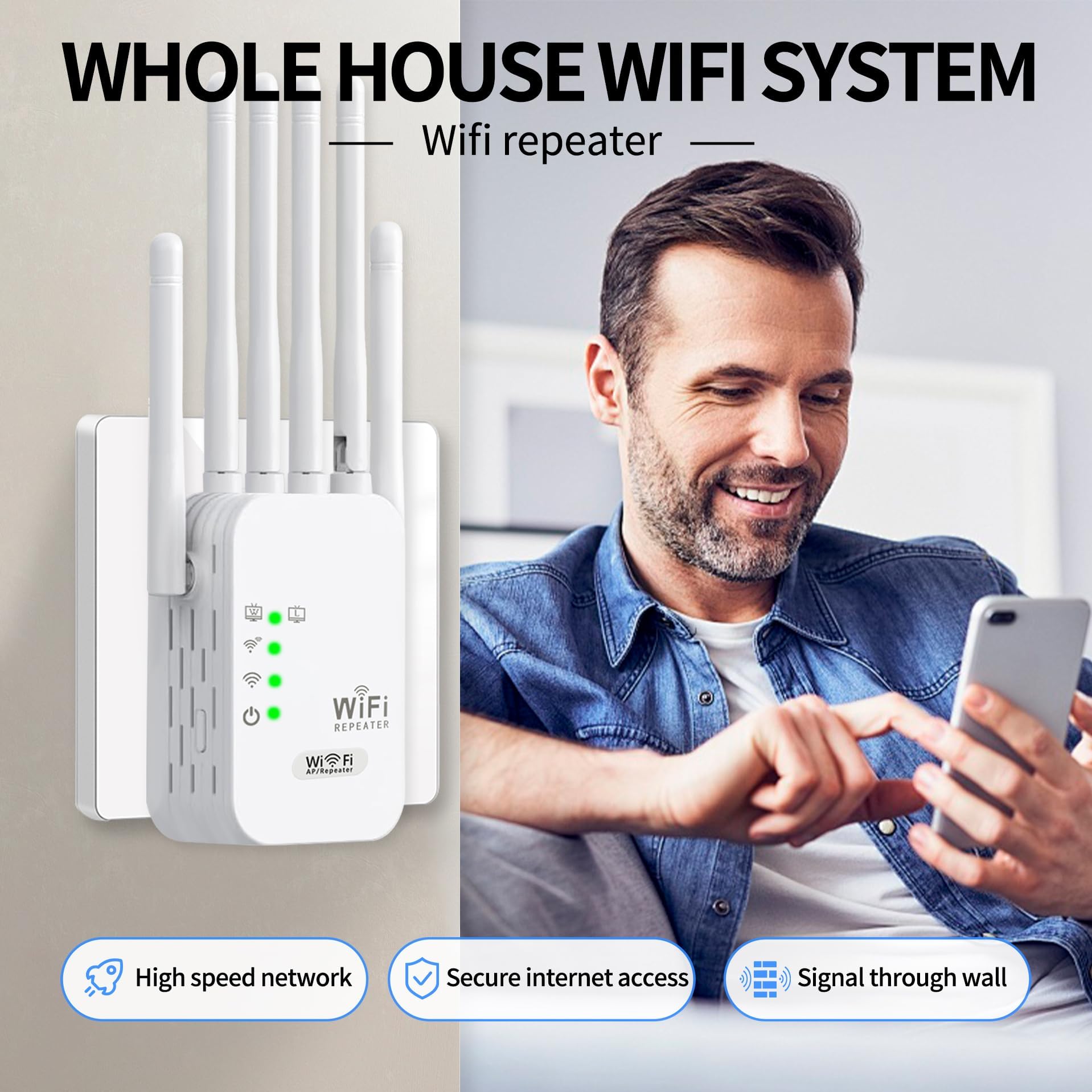 Ripetitore Wireless Wifi, amplificatore di segnale WiFi AC1200 Mbps, porta Gigabit Ethernet, ripetitore wifi potente per casa, 2 porte LAN, wifi extender per casa e ufficio,Plug and Play
