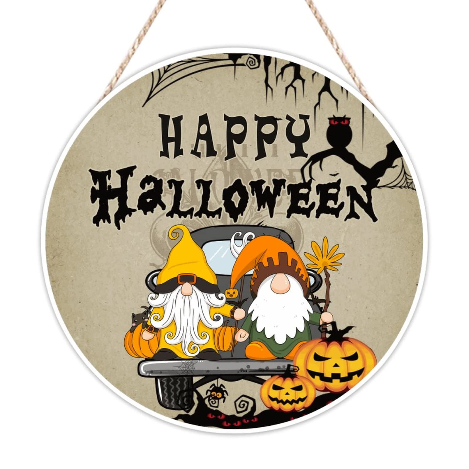 Panneau bienvenue bois Happy Halloween gnome camion 40x40cm
