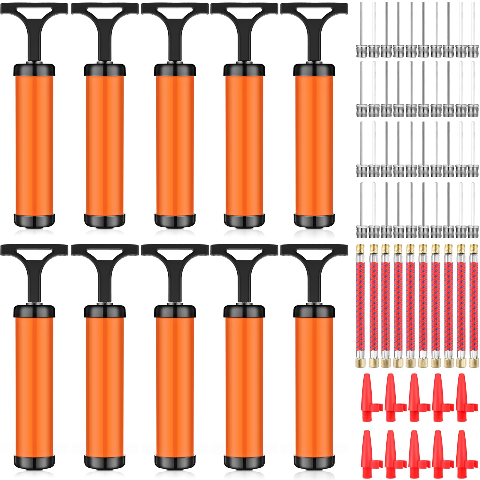 10 bombas de bolas para pelotas deportivas con aguja y manguera de extensión a granel para baloncesto, fútbol, voleibol (naranja, estilo hueco)