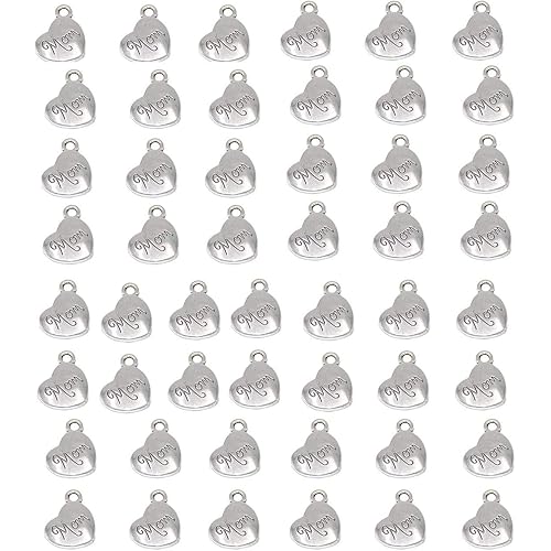 YYaaloa Mini Love Heart "Mom" Pack of 40 DIY Charms Pendant for Crafting, Jewelry Making Accessory (mom 40pcs Silver)