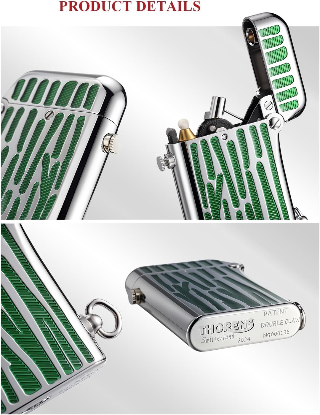 Classic Retro Vintage Refillable Soft-Flame Silver Kerosene Lighter,Automatic Ignition, Safety Lock, Brass Fluid Lighter, Inlay, Luxury, Collectible, Xmas Gifts, Thorens Double Claw Green Stripes