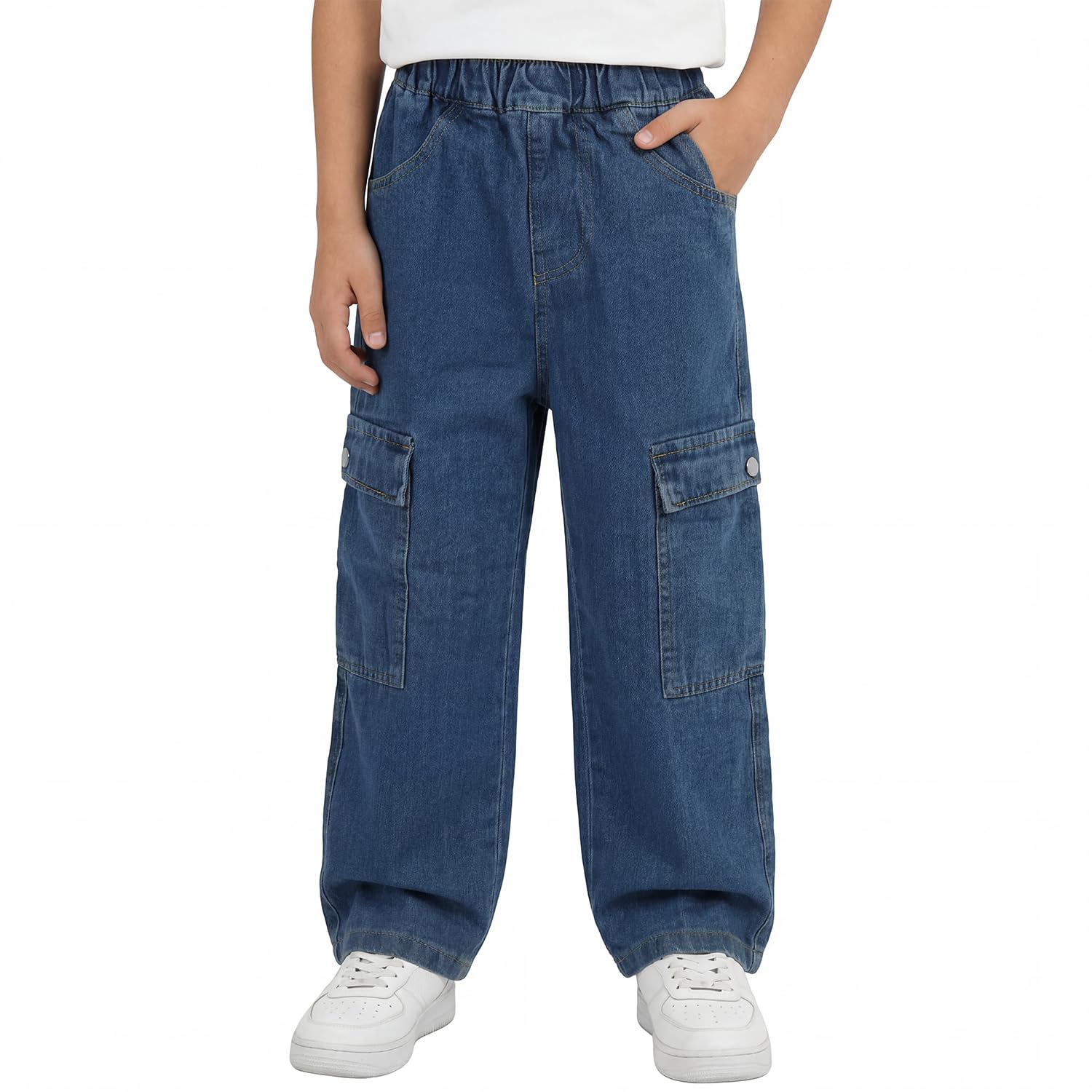 Jeans Baggy Garçon Taille Élastique Cargo Pantalon en Denim 7-15 Ans | Multiples Poches, Loose Fit, Jambes Larges, Enfants Décontracté Cargo Jean, Mode Streetwear Outdooor Casual Pantalons