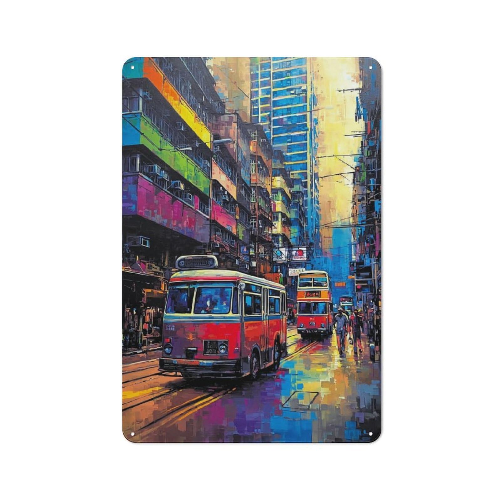 Junmoney Vibrant Cityscape With Retro Buses -2 For Man Cave Or Games Room, Retro Metal Plaque 30X20cm, For Metal Sign Collectors, For Garage And Workshop Walls