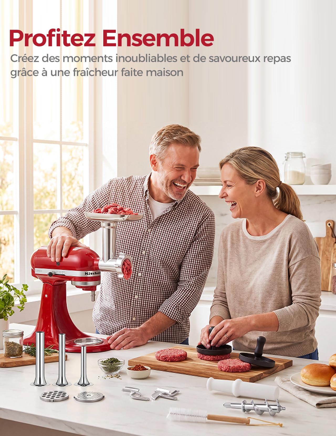 Accessoire Hachoir à Viande pour Robot Ménager KitchenAid | Comprend un Poussoir à Saucisse, une Brosse de Nettoyage, Acier Inoxydable un Ensemble Trancheur-râpe pour KitchenAid