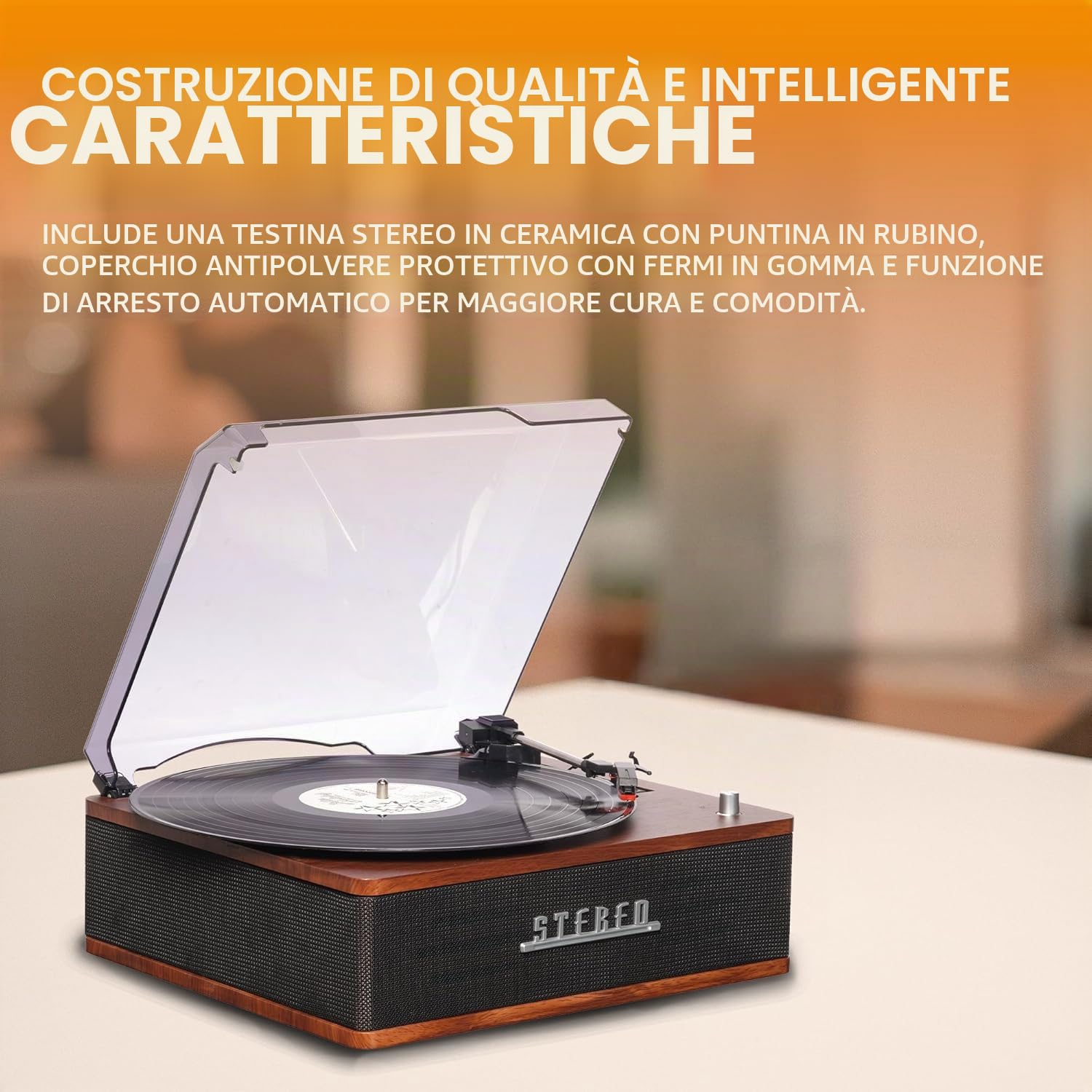 Giradischi retrò con Bluetooth e altoparlanti integrati - Denver VPB‑262 Multi-Speed Turntable Music System (33 ⅓ / 45 / 78 RPM) con Line‑Out & Auto‑Stop