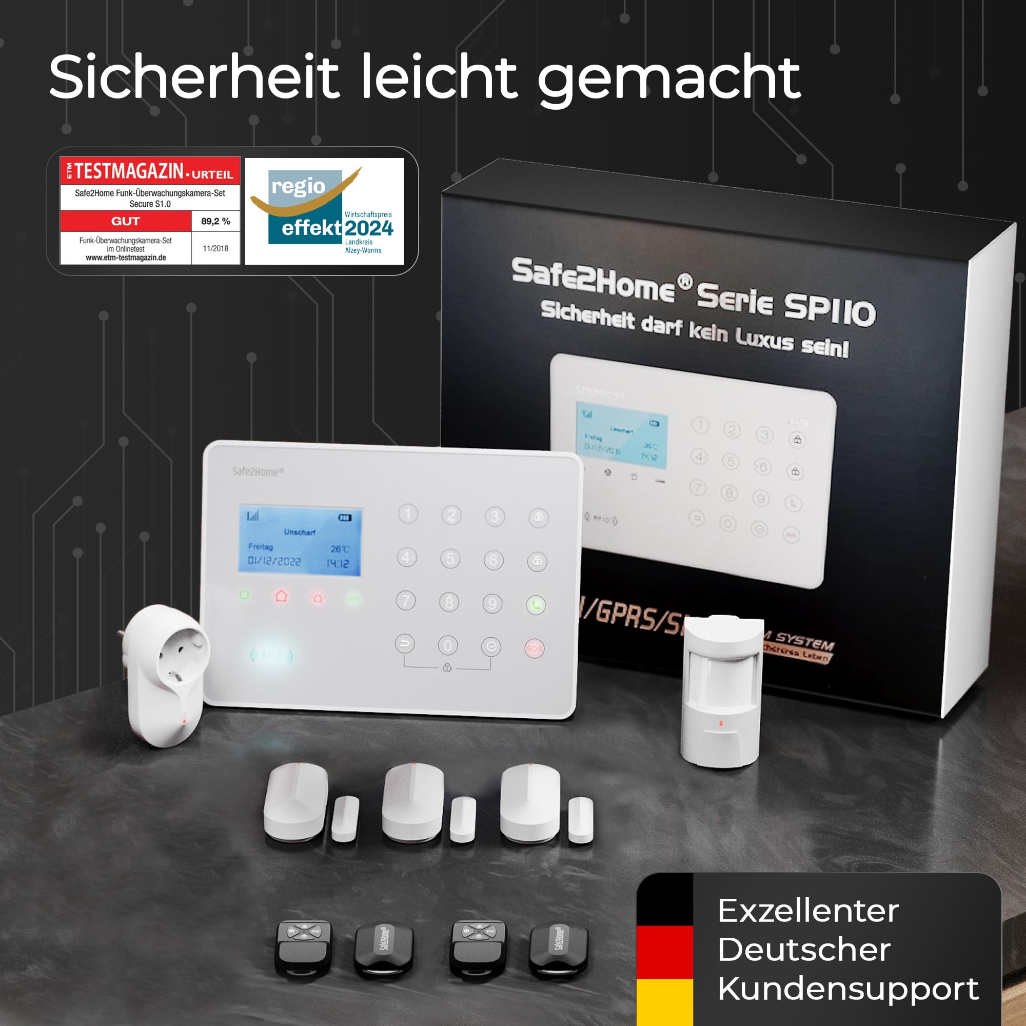 Safe2Home® Funk Alarmanlagen Set SP110 mit Sabotageschutz - deutsch - LTE Alarmsystem mit SMS Alarmierung etc. - Alarmanlagen fürs Haus Büro inkl. Zubehör und Sensoren - Alarmsystem