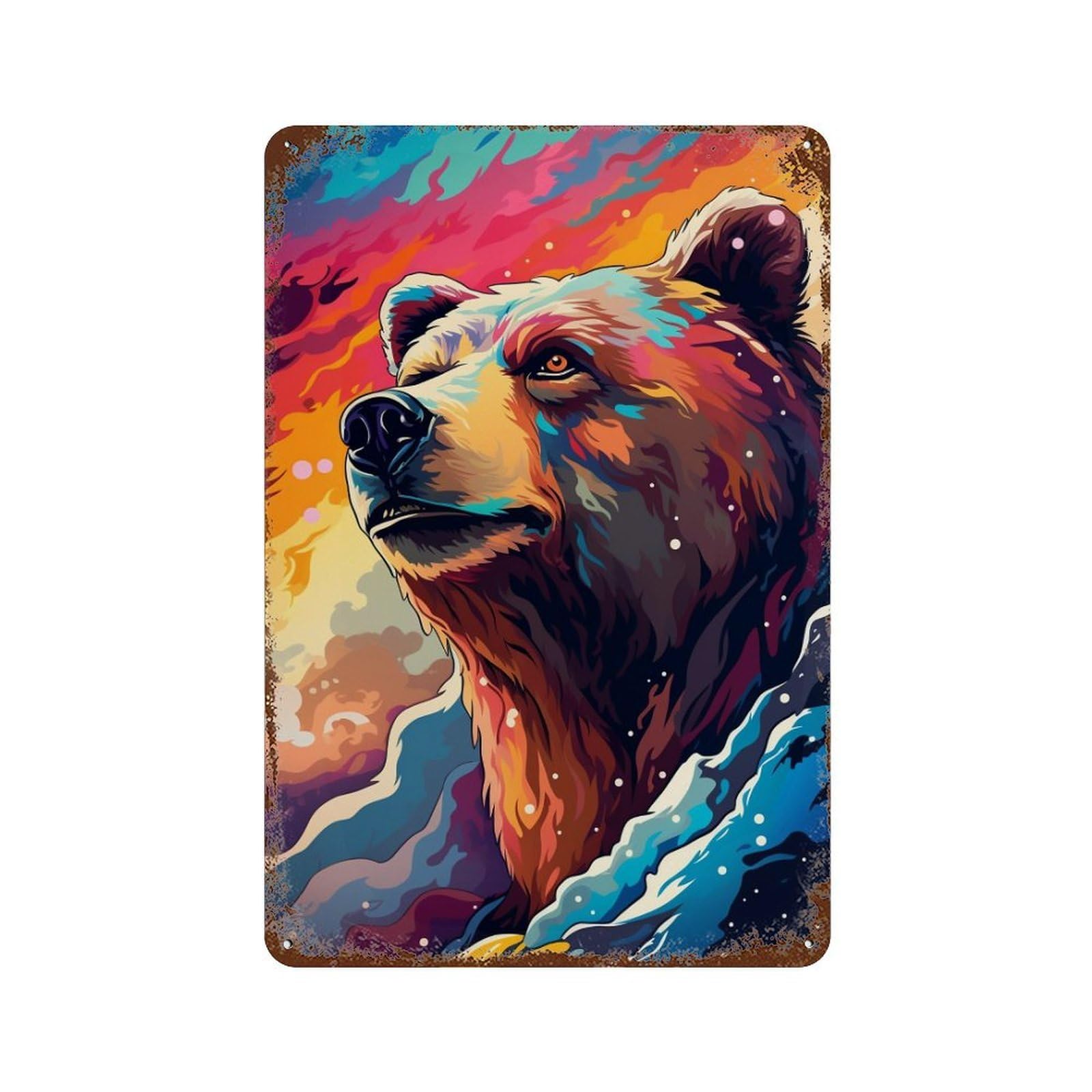 Colorful Bear Portrait Artwork Aged Metal Wall Plaque 11.8"x7.9", for Office, Studio And Wall Decor, Novelty Wall Decor