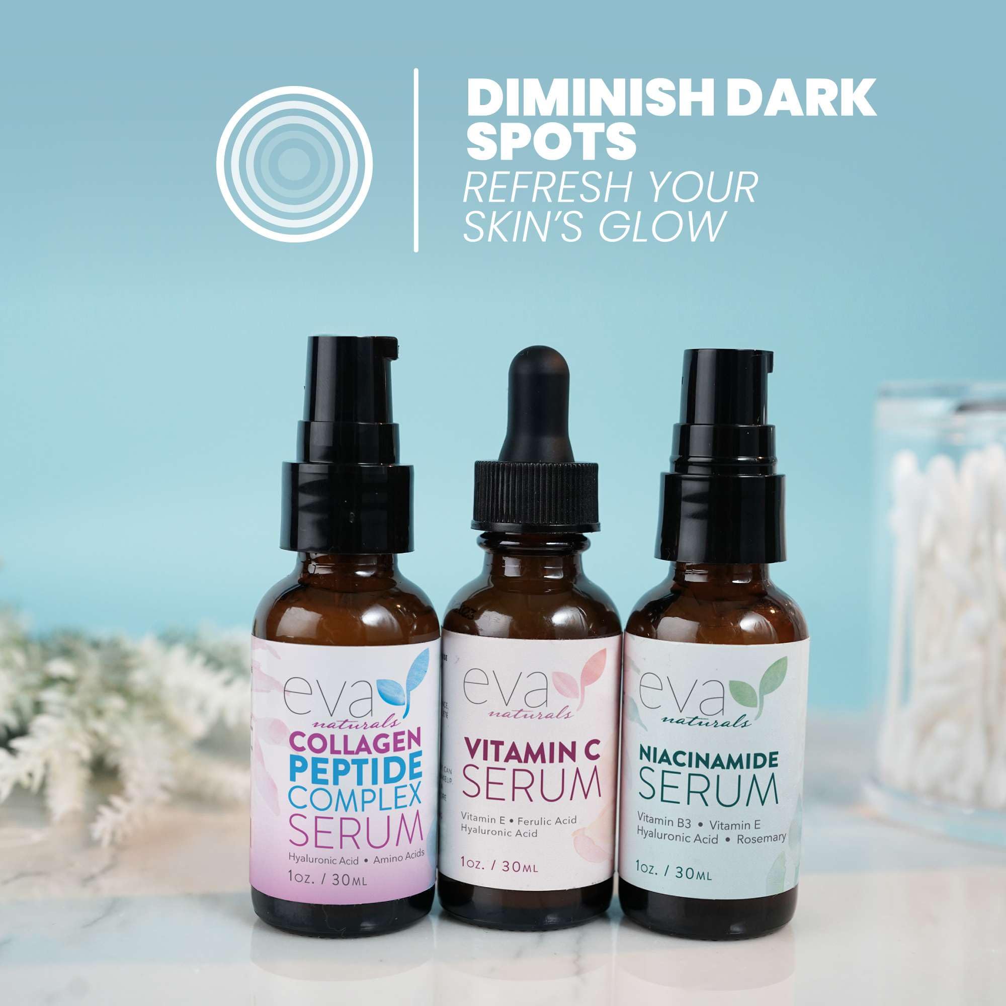 Eva Naturals Natural Firm & Glow Gesichtsserum – 3er-Set mit 20% Vitamin-C-Serum, Peptid-Komplex-Serum, Niacinamid-Vitamin-B3-Serum – Aufhellung des Teints und Faltenglättung