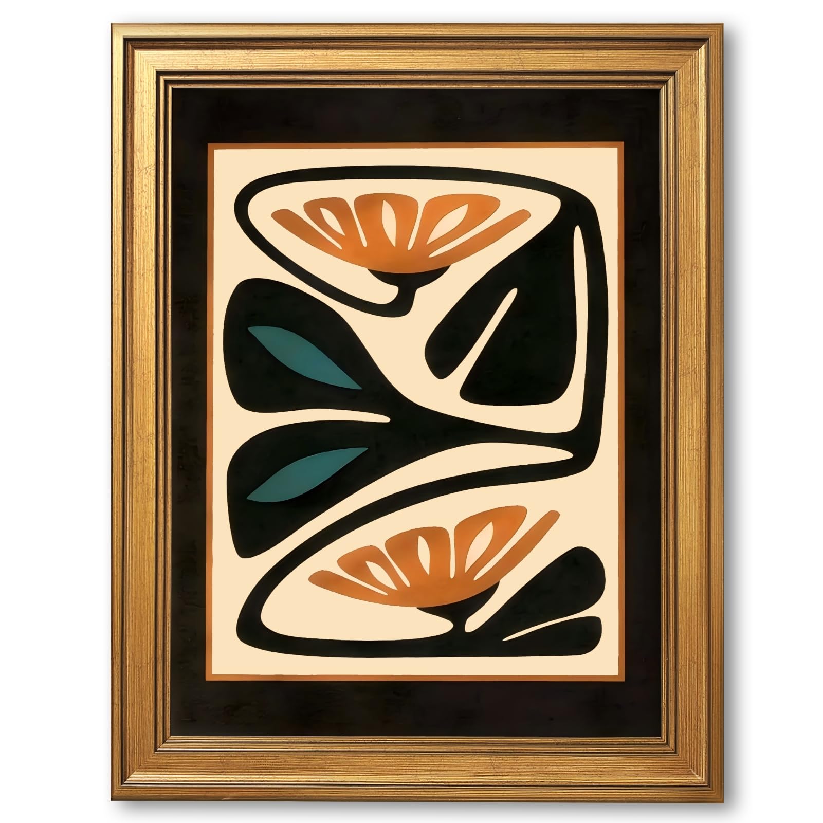 Vintage Gold Framed Abstract Floral Wall Art Mid Century Modern Botanical Poster Darkness Geometric Canvas Painting Print Retro Minimalist Home Decor for Bedroom Office 12x16inch