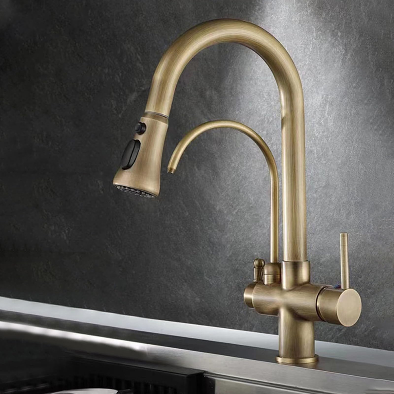 ZYCHSJXA 3 Way Kitchen Tap with Pull Out Sprayer Antique Gooseneck Mixer Taps Spray Drinking Water Faucet