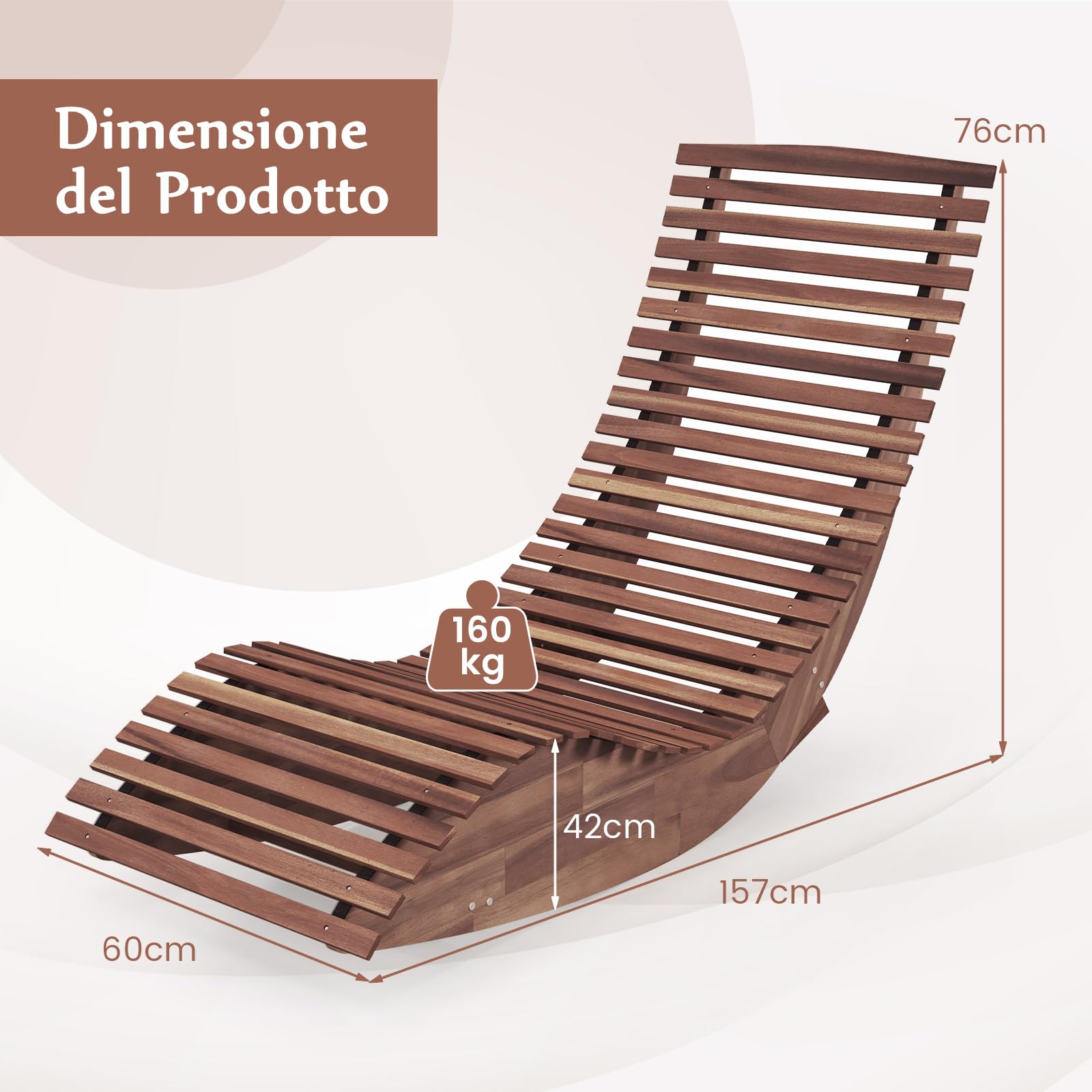 COSTWAY Sedia a Dondolo in Legno per Esterni, Lettino a Dondolo con Seduta Ergonomica, Sdraio a Dondolo da Giardino, Lettino Prendisole a Dondolo per Giardino, 157 x 60 x 76 cm, Portata 160 kg (1)