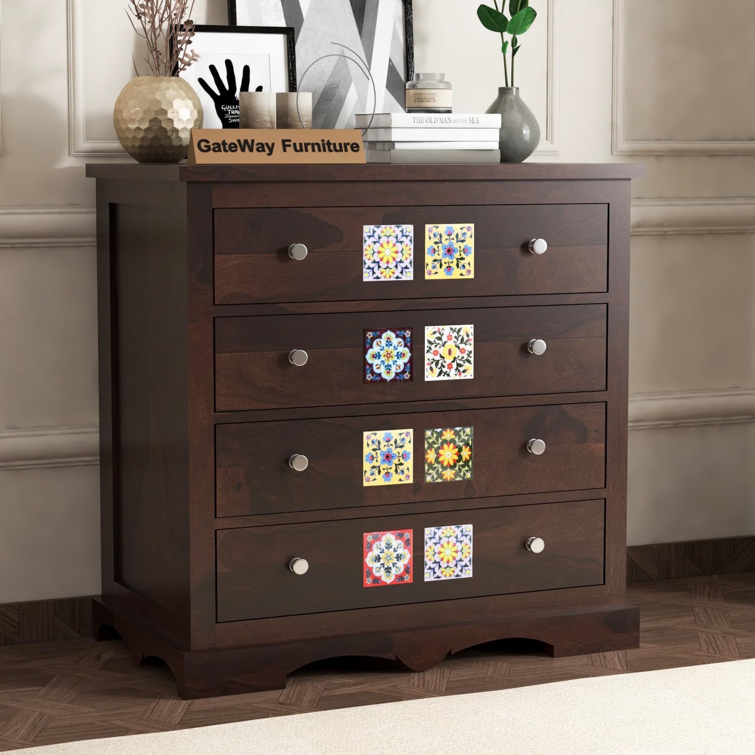 gateway furniture solid sheesham wood wooden chest of drawers with 4 drawer storage | multipurpose storage cabinet rack for bedroom home living room (design 13, walnut finish)