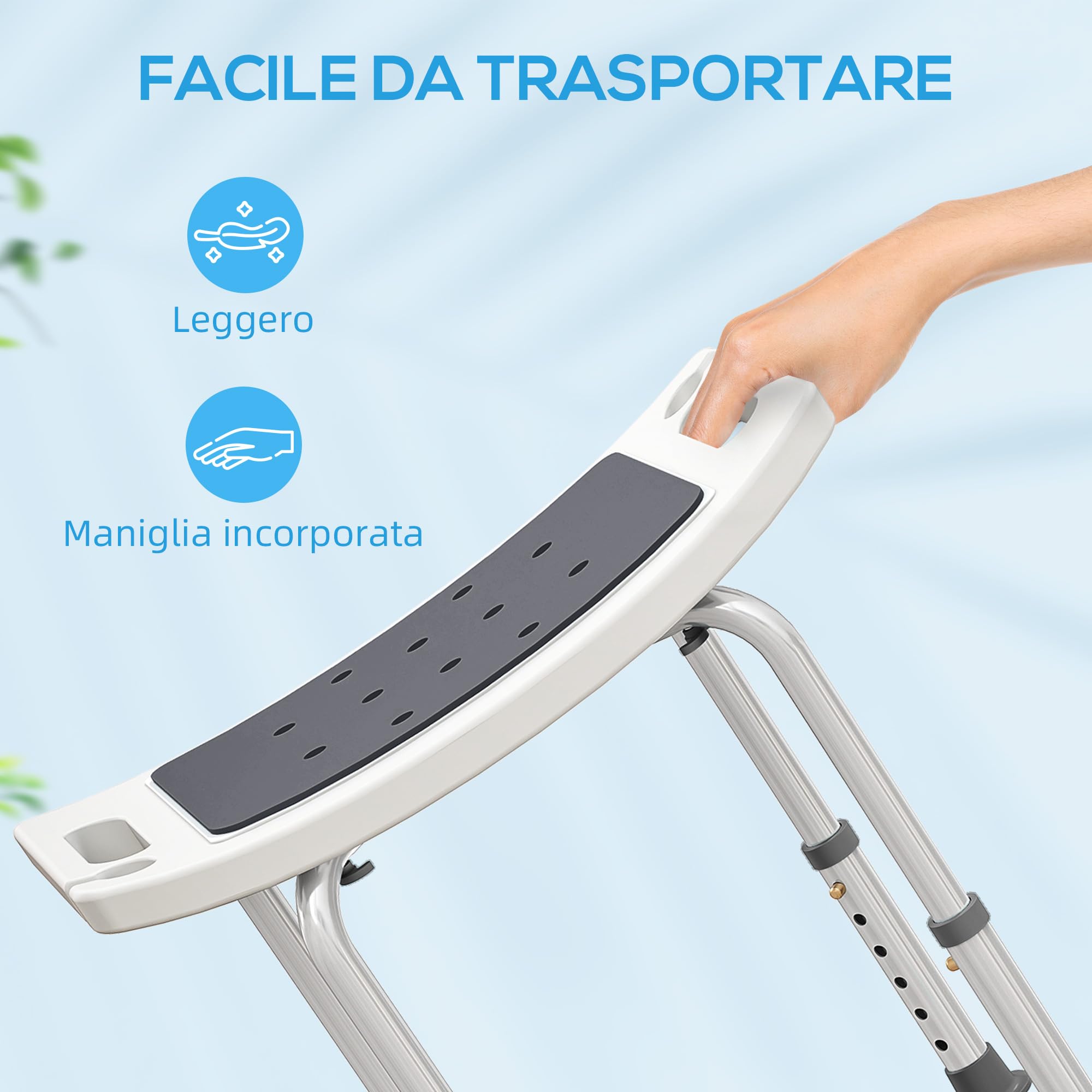 HOMCOM Sgabello per Doccia da Bagno in Lega di Alluminio e Plastica Antiscivolo, Sgabello Bagno con Altezza Regolabile 6 Livelli 39-52cm, Grigio