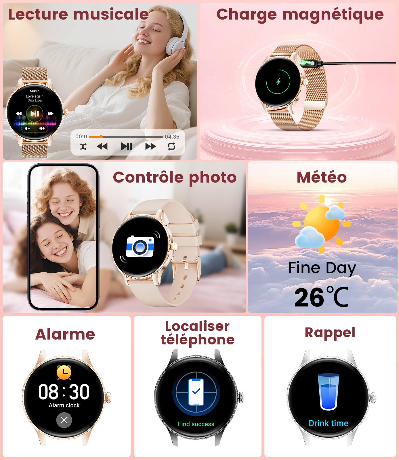 Montre Connectée Femme avec Appel Bluetooth, 1,32"Amoled Display, IP68 Étanche Smartwatch, 2 Sangles/100+ Modes Sportifs pour Android iOS, Fréquence Cardiaque/Sommeil/Fonction Féminine, Or Rose