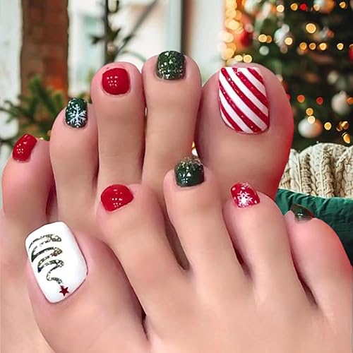 Christmas Glitter Press on Toenails Short Square Fake Toenails Glitter