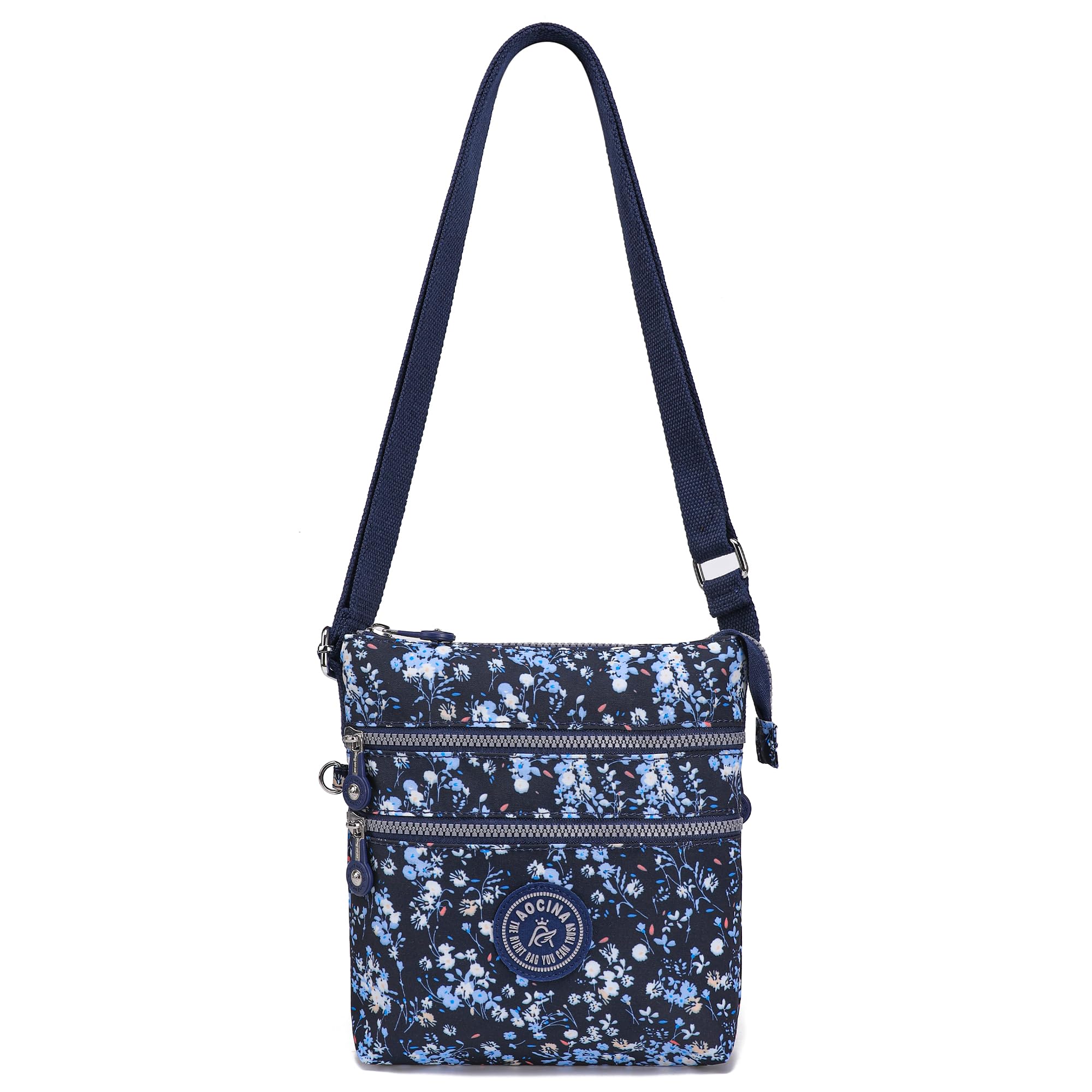 AOCINA Crossbody Purses for Women Lightweight Small Travel Bag Shoulder Purses and Handbags with Multi Zipper Pockets(Blue Tiny Flowers)
