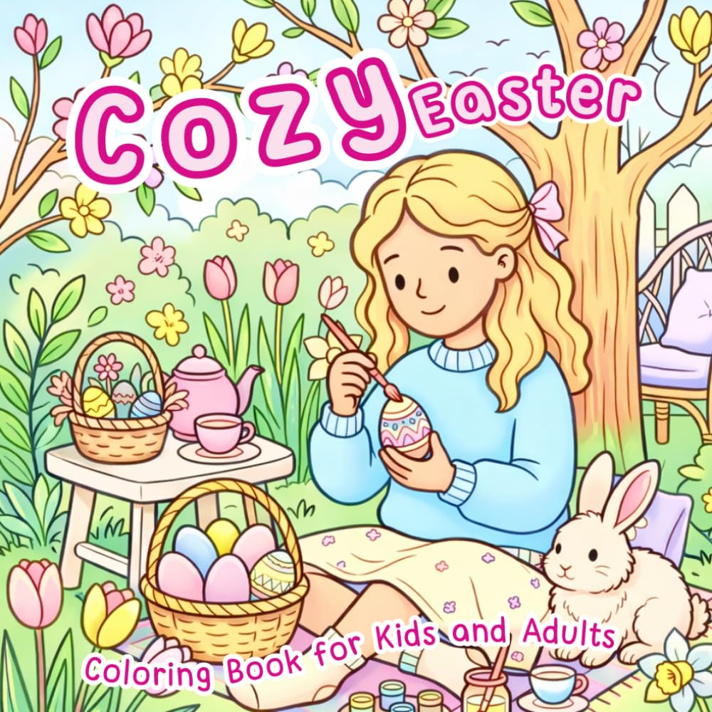 Cute & Cozy Easter Coloring Book for Kids and Adults: Adorable Spring Designs with Bunnies, Girls, Flowers and Easter Eggs for Relaxation and Fun