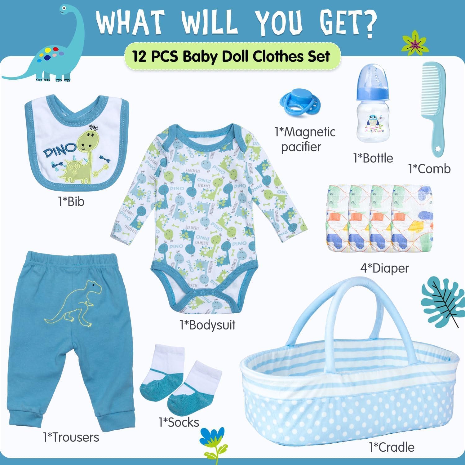 Reborn Baby Doll Clothes 12 Pcs Dinosaur Outfits Accessories for 17-22 Inch Babydolls Reborn Doll Accessories Baby Bassinet Soft Crib Bed with Diaper Bottle Pacifier