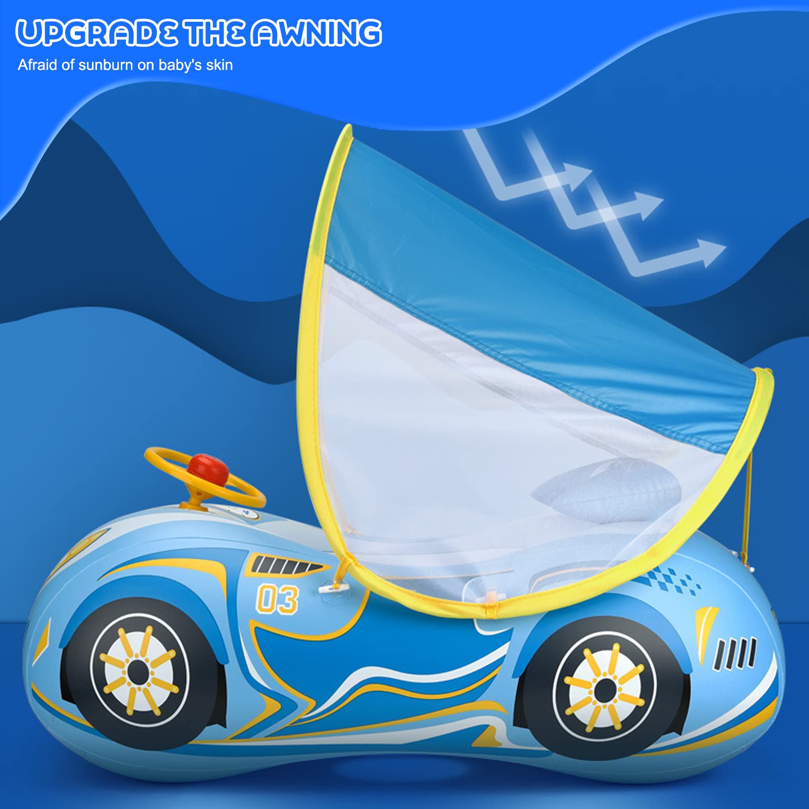 Balakaka Toddler Pool Float Inflatable with Double Handles Swim Trainer Newborn Car Baby Swim Float with Adjustable Sun Canopy and Safety Seat Pool Toys for kids 1-4 Years-Blue - Image 3