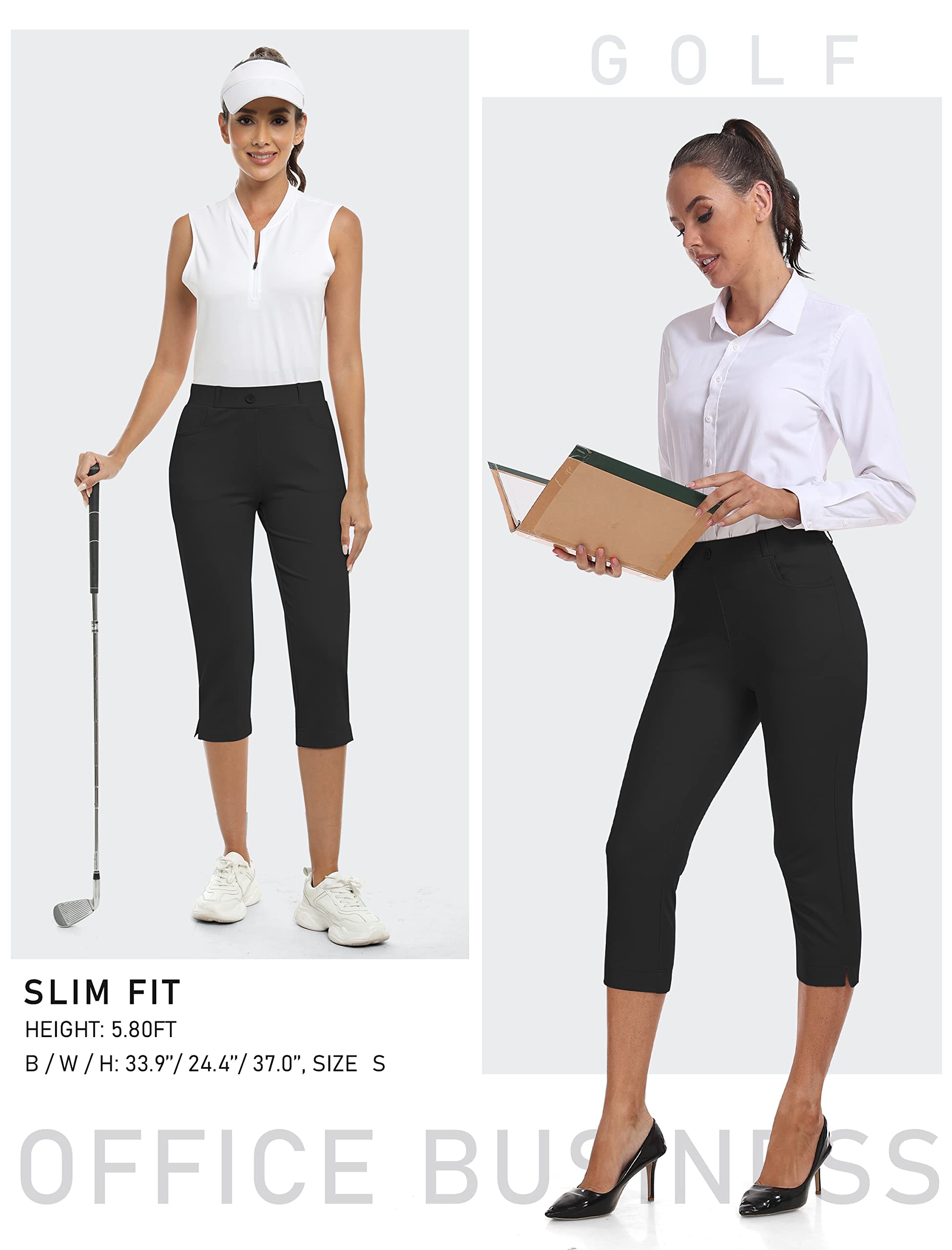 Femme été 3/4 Pantalon de Golf Bureau Business Casual Travail Pantalons avec Poches Taille Haute Stretch