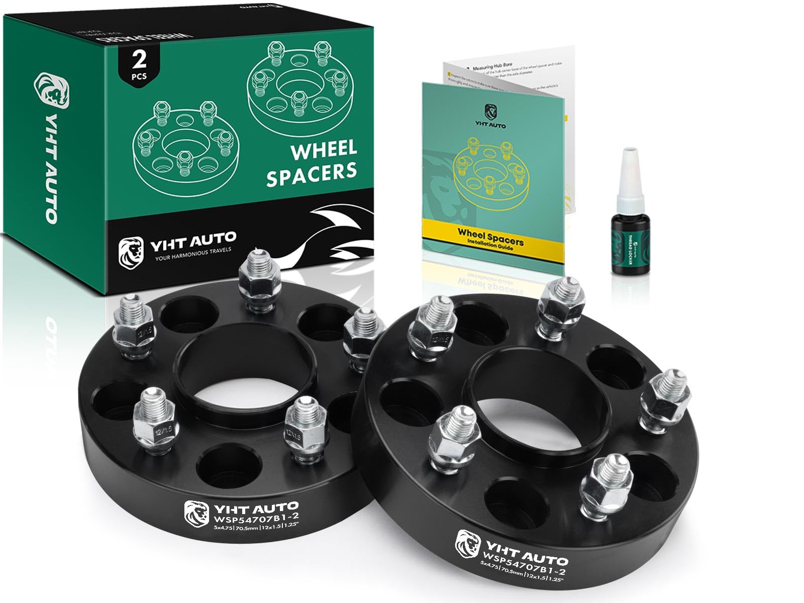 YHTAUTO 5x4.75 Wheel Spacers 1.25 Inch Compatible with Chevrolet, GMC, Buick, Cadillac, Pontiac Models Tire Spacers w/ M12x1.5 & 12.9 Grade Studs, 70.5mm Hub Bore 5 Lug 2PCS Black Wheel Adapter