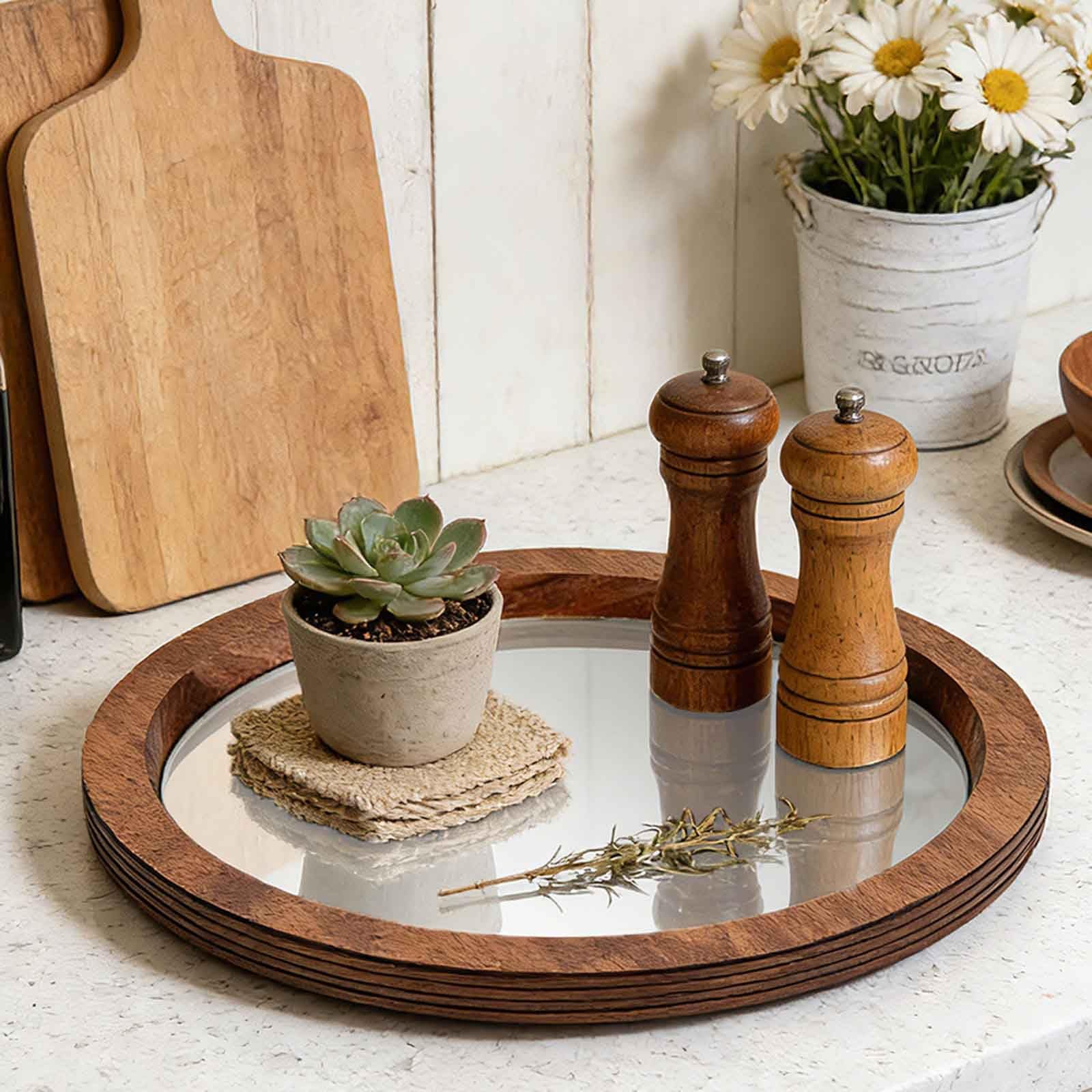 Adfltfc B Round Wood Decorative Tray, Rustic Utler Tray Unique Coffee Centerpiece, Mirror Candle Holder Vintage Mirrored Ar Plate For Coffee Table Farmhouse Centerpiece(B)