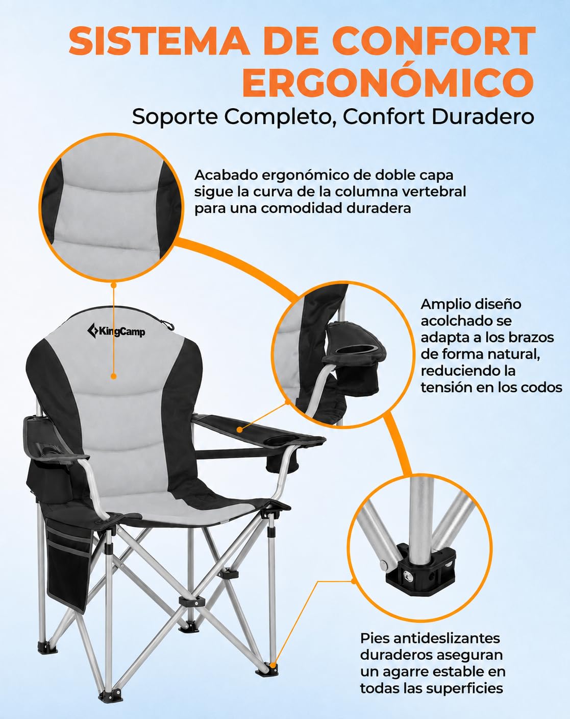 KingCamp Silla de Camping Plegable Ergonómica Acolchada XXL 250 kg