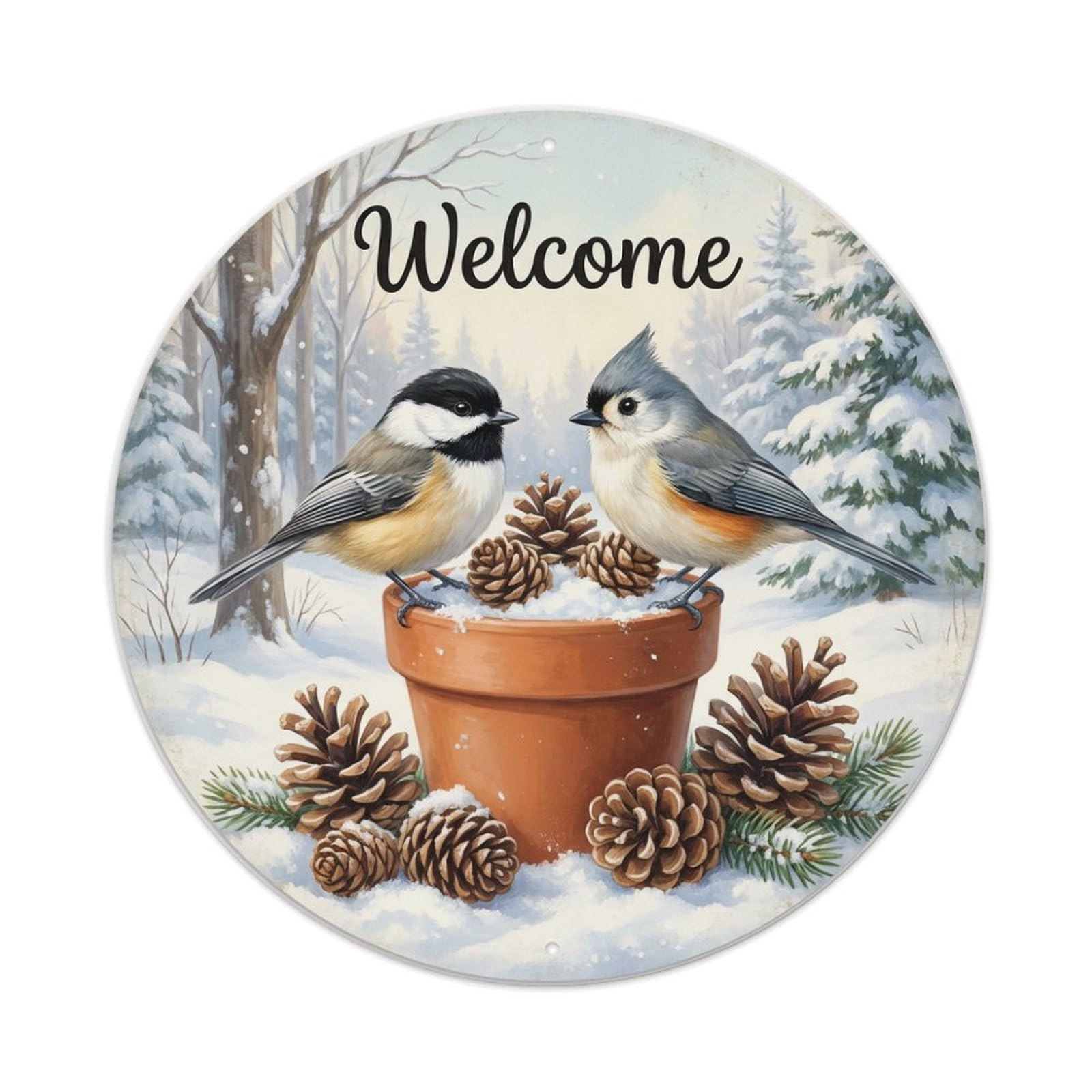 Metal Tin Sign Welcome Titmouse Pine Cone