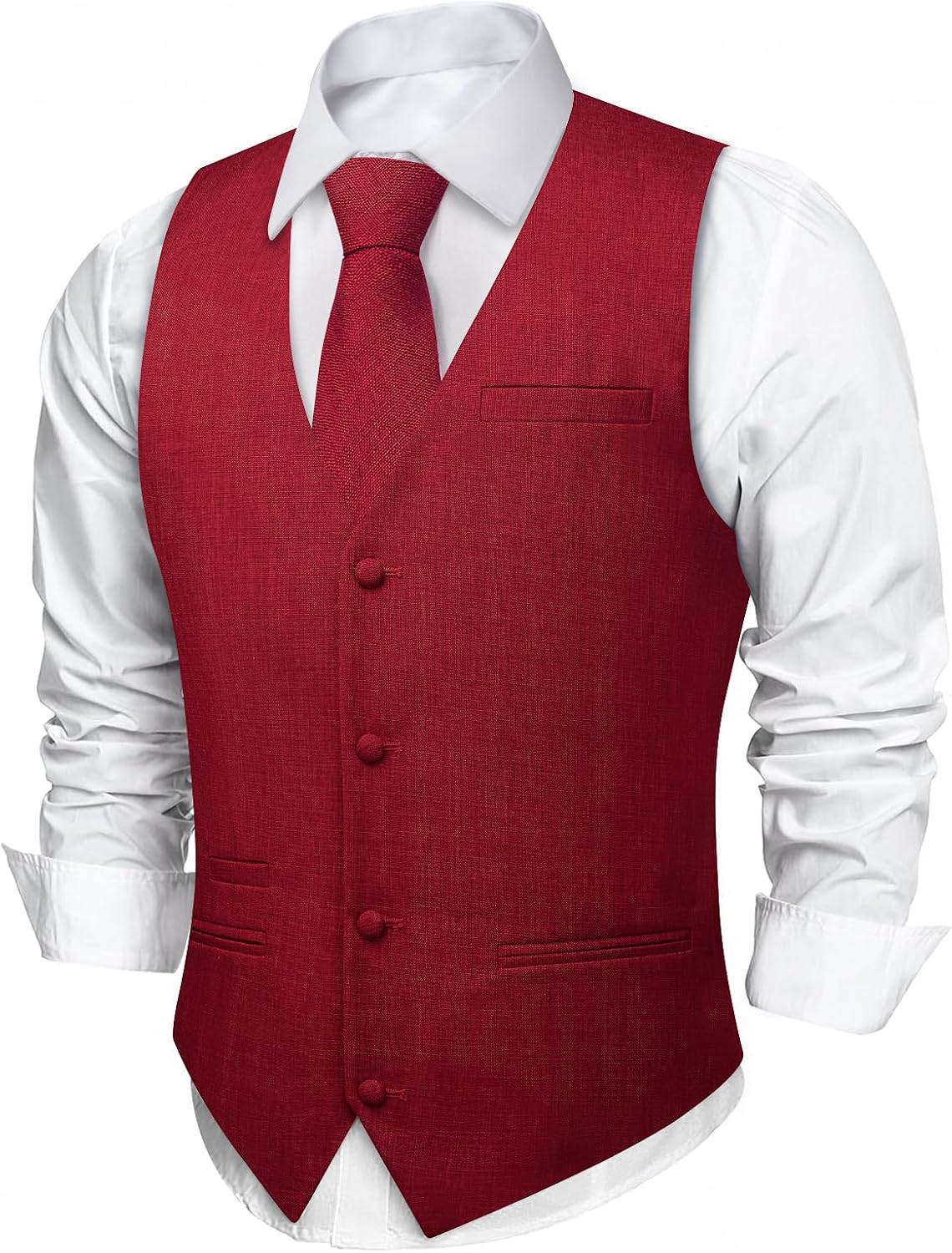 DiBanGu Mens Linen Vest and Zipper Tie Set Formal Dress Vest Pocket Square Holder Lightweight Tuxdeo Waistcoat Wedding 8PCS