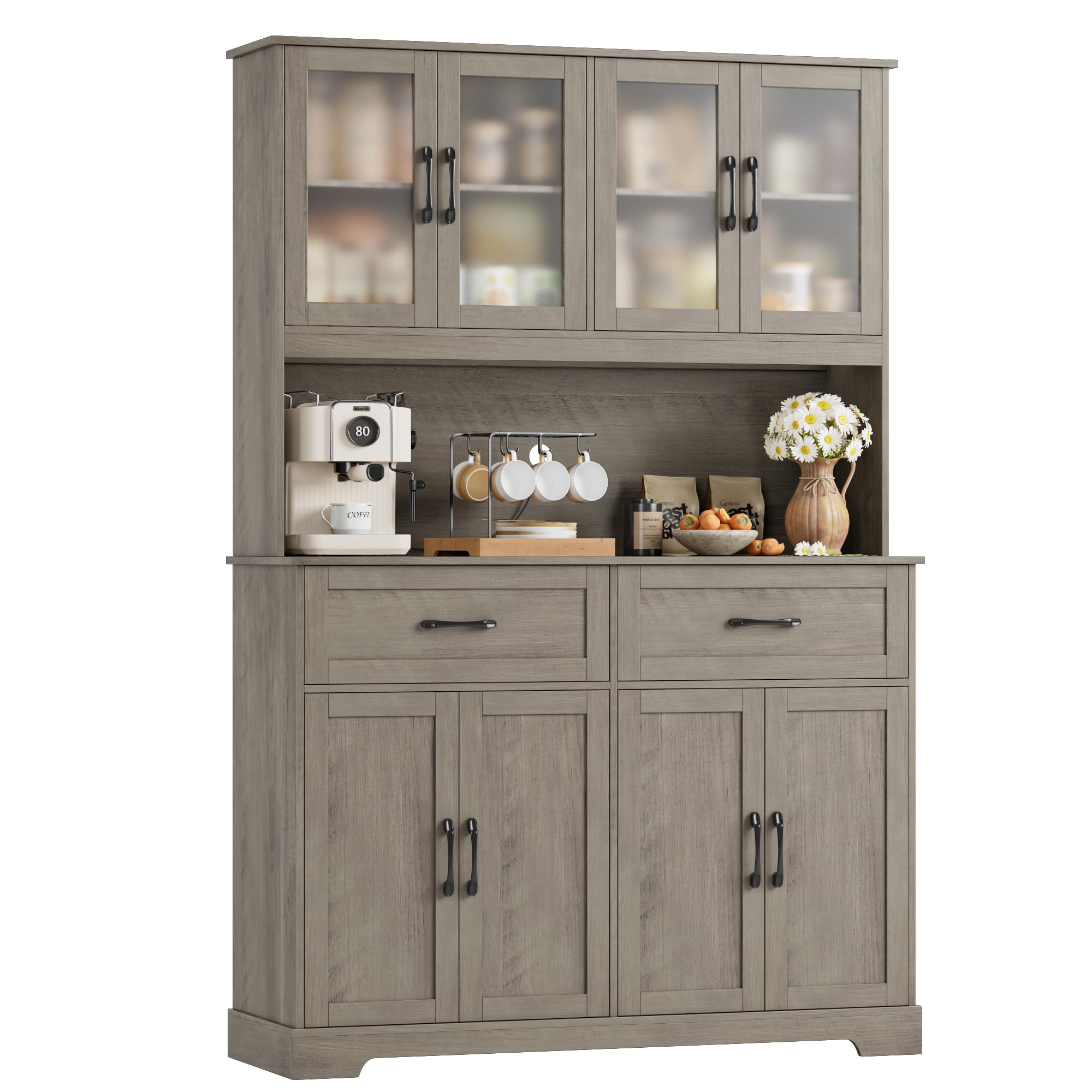 71" Farmhouse Kitchen Pantry Cabinet, Tall Kitchen Cabinet with Microwave Stand, Hutch with Large Drawer and Shelves for Dining Room, Grey