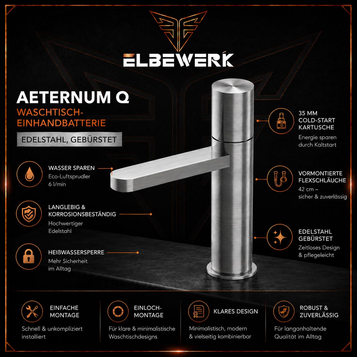 Premium Waschtischarmatur aus Edelstahl 316 gebürstet – Einhebelmischer für Waschbecken, moderne Badarmatur