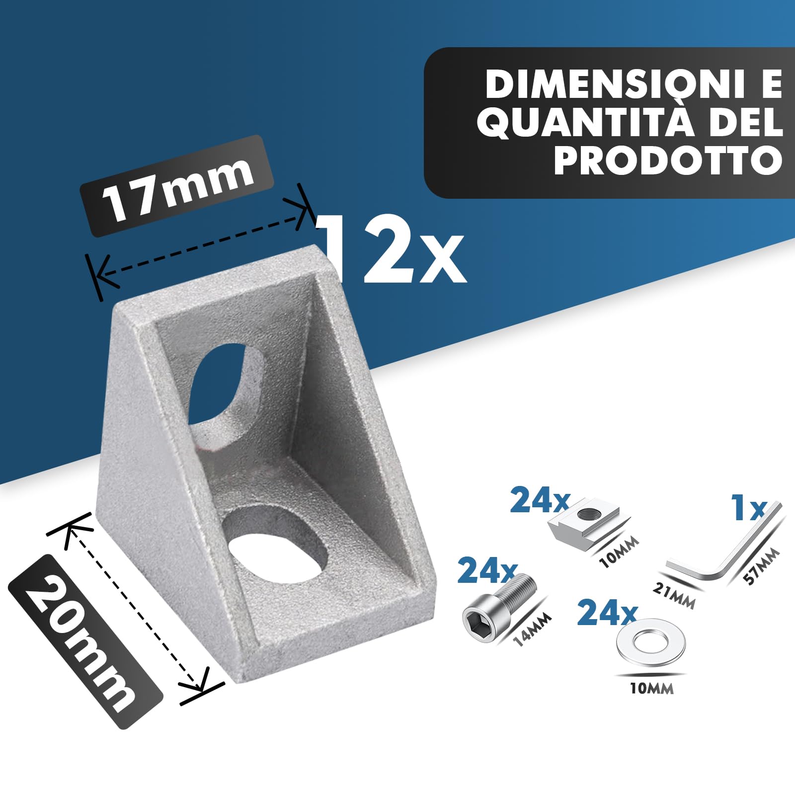 Profilo in Alluminio Angolare 20x20mm 12pz Connettore Angolare 90 Gradi