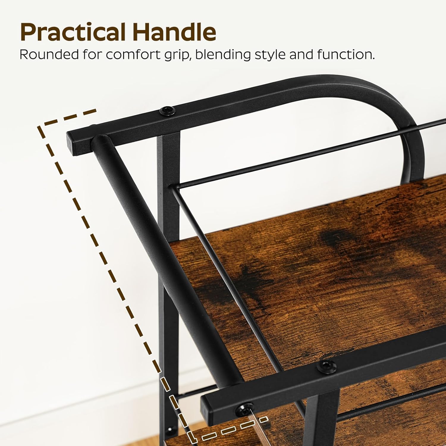 YATINEY 3-Tier Bar Cart, Home Bar Serving Cart with Fence and Wheels, for Dining Room, Living Room, Garden, Party, Rustic Brown and Black BC06BR